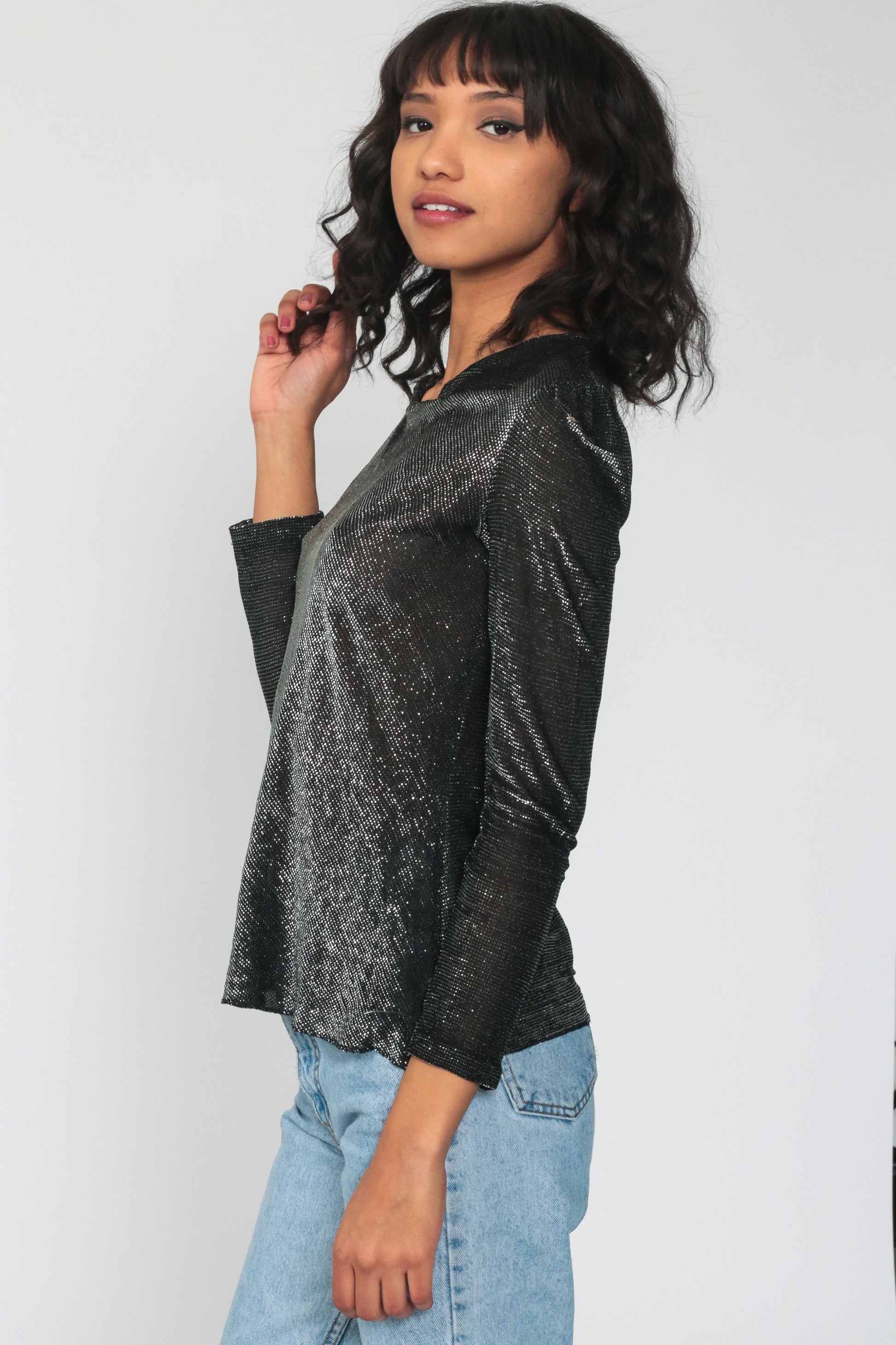 70s Metallic Silver Black Cowl Neck Blouse Puff Sleeve Sheer Top Small