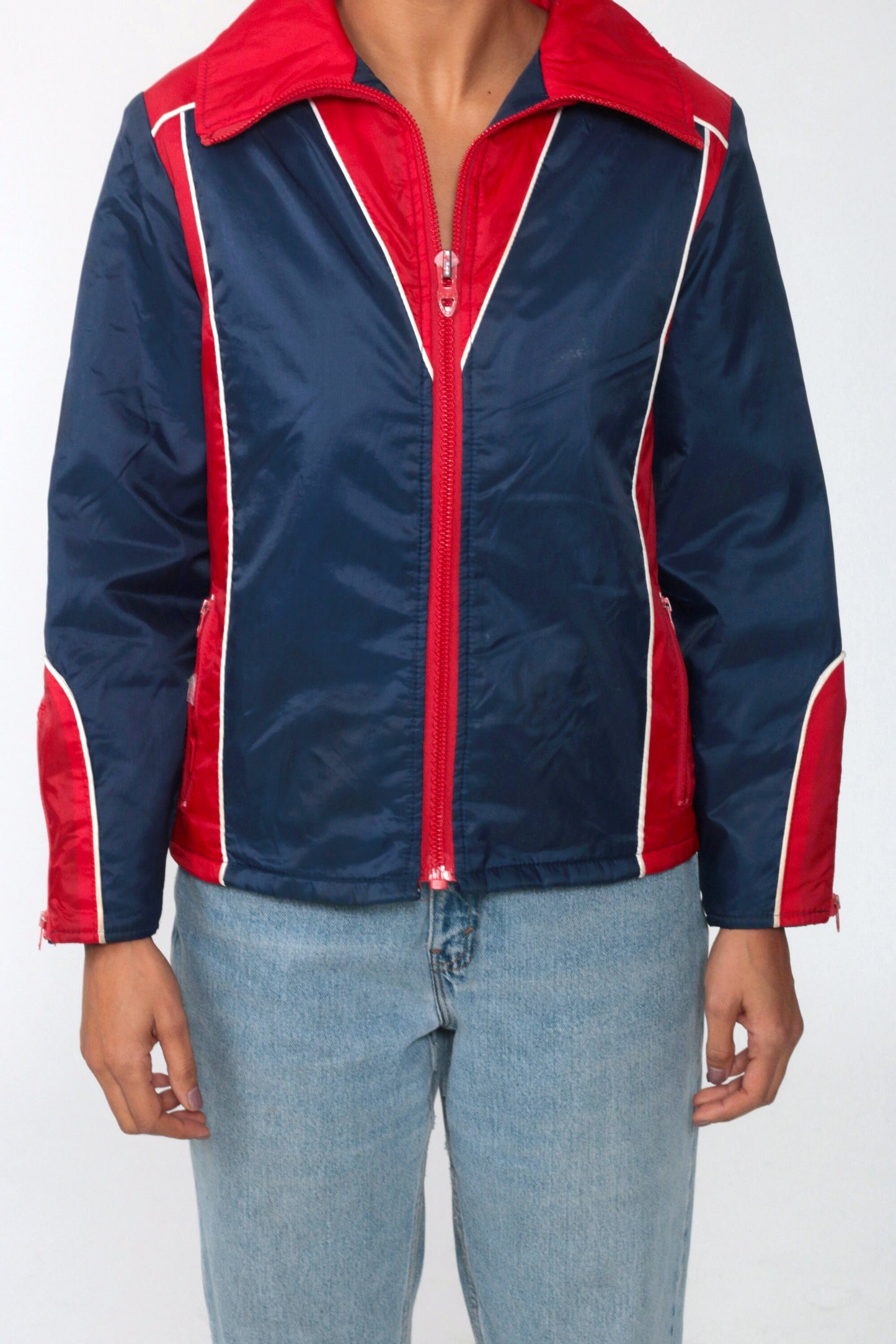 70s Puffer Ski Jacket Blue Red Striped Nylon Puffy Coat Extra Small