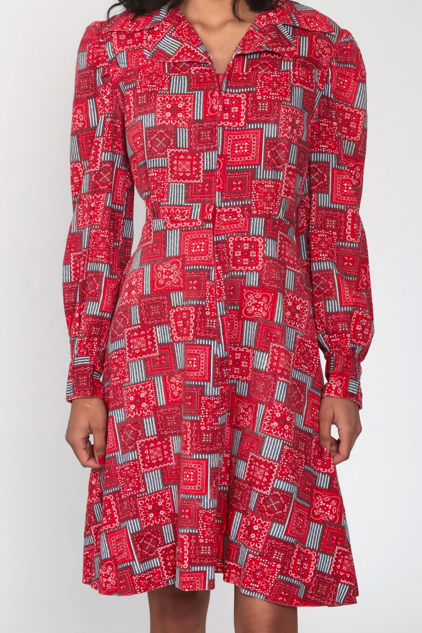 70s Bandana Print Mini Dress Cherry Buttons Puff Sleeves High Waist Red Medium
