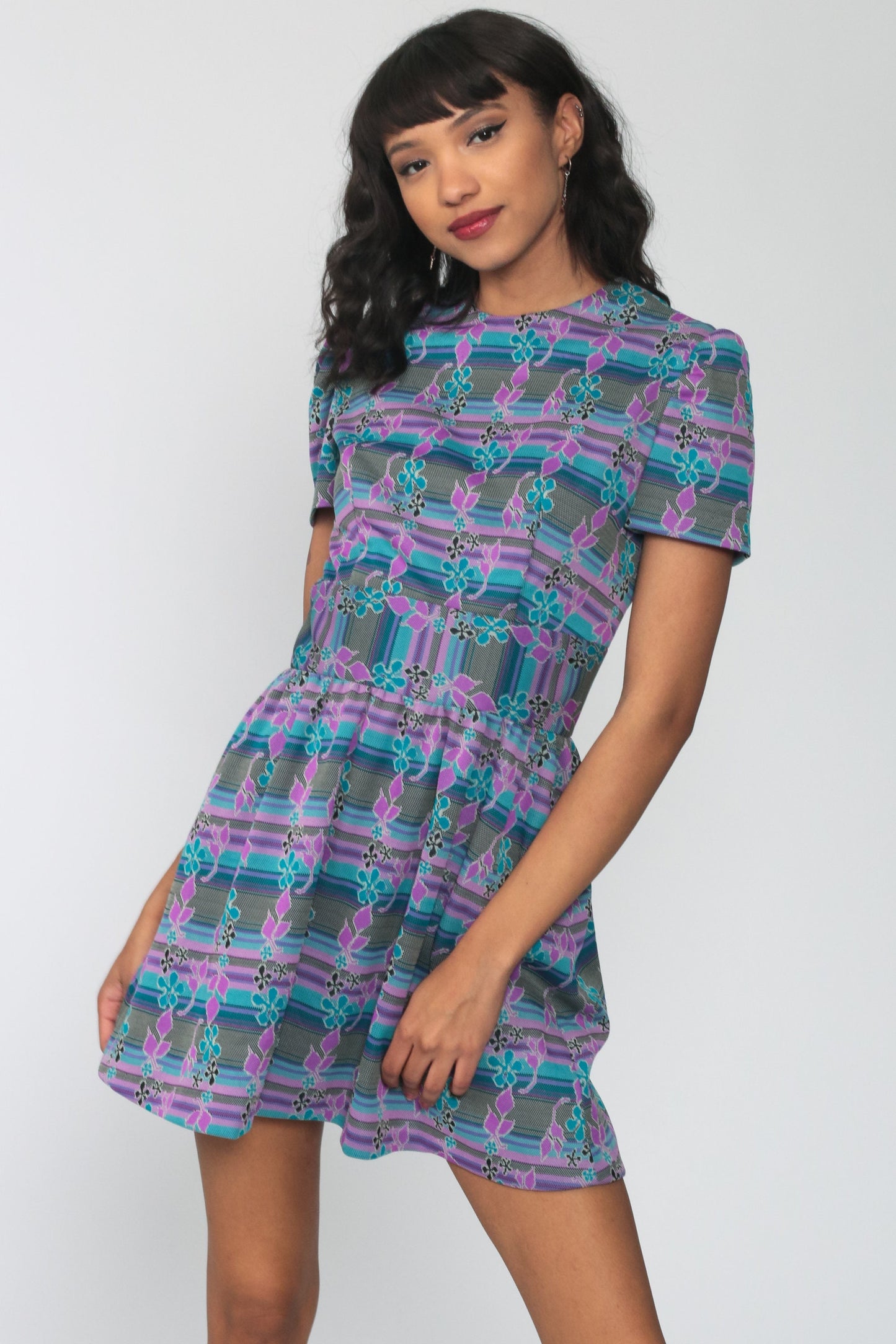 70s Floral Mini Dress Purple Blue Puff Sleeve High Waist Small