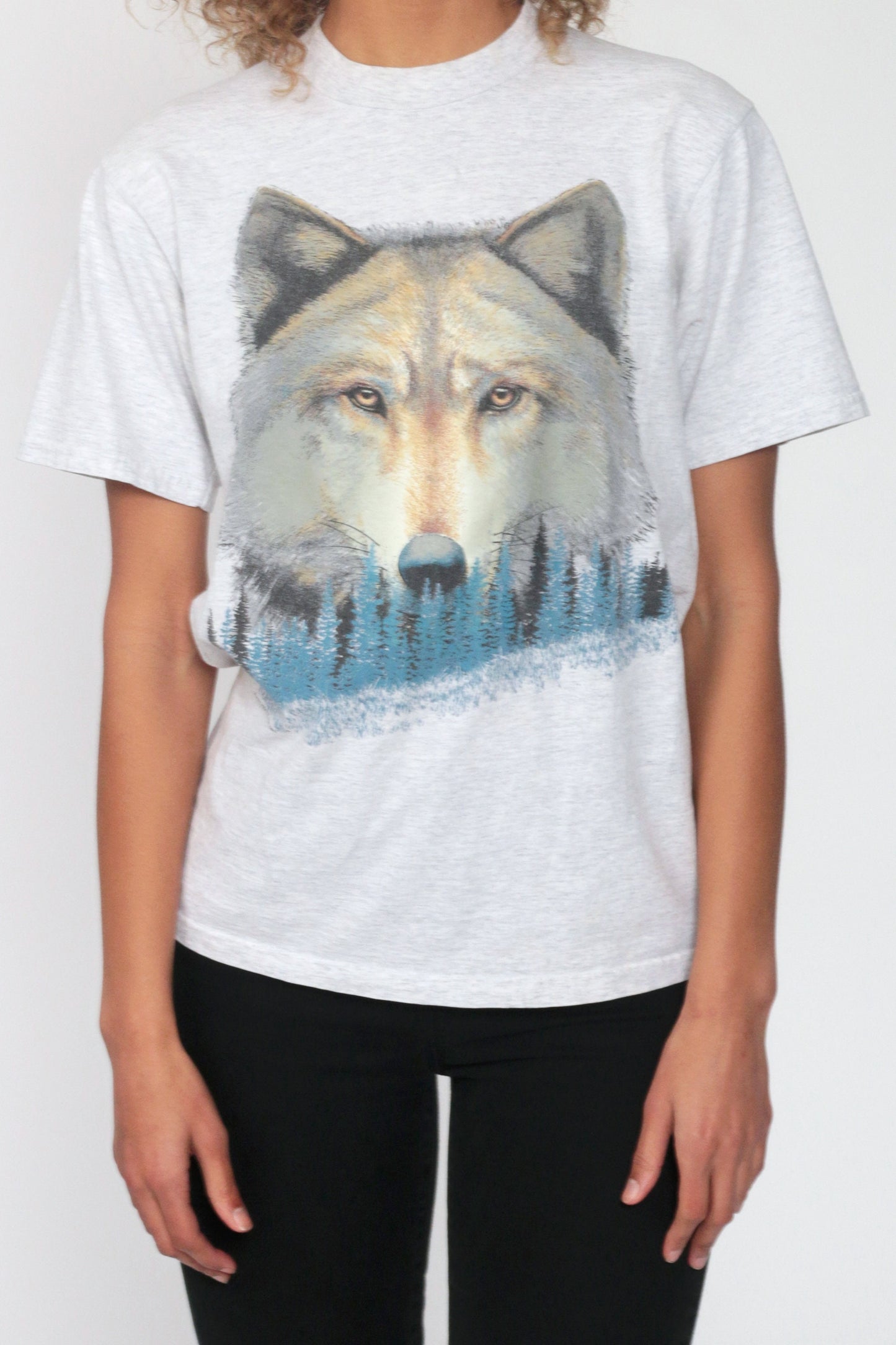 90s Wolf Print T-Shirt Distressed Graphic Tee Cotton Single Stitch Extra Small