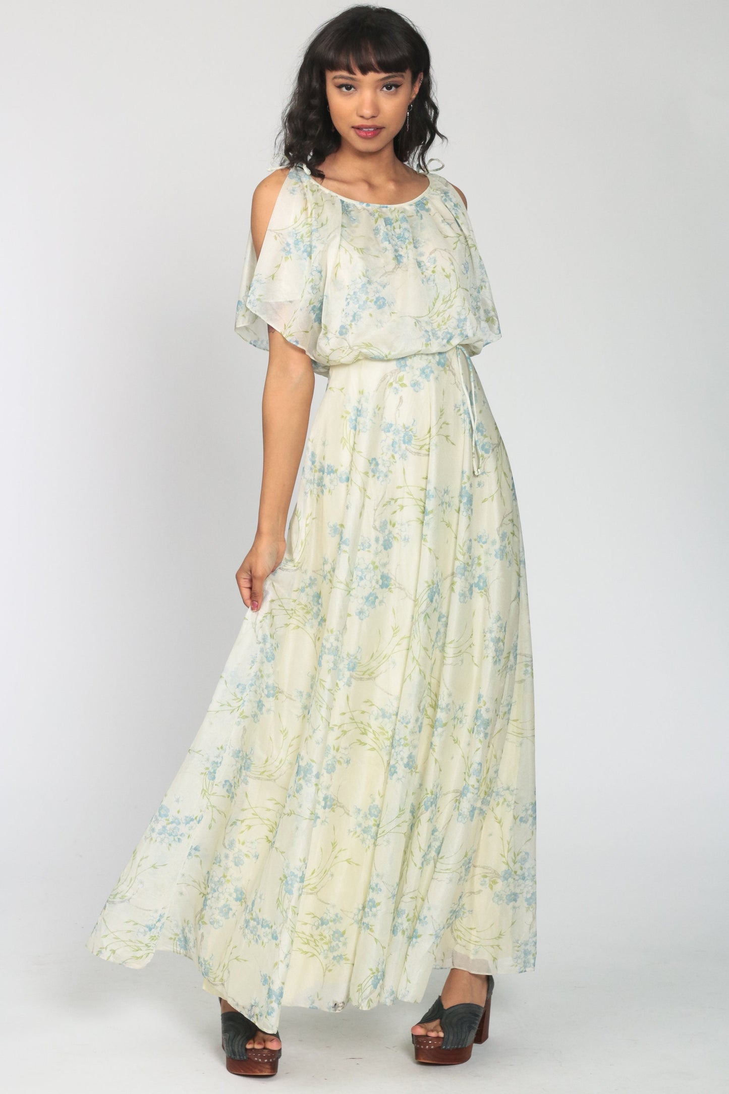 70s Cream Floral Maxi Dress Blouson Bodice Split Sleeves Extra Small