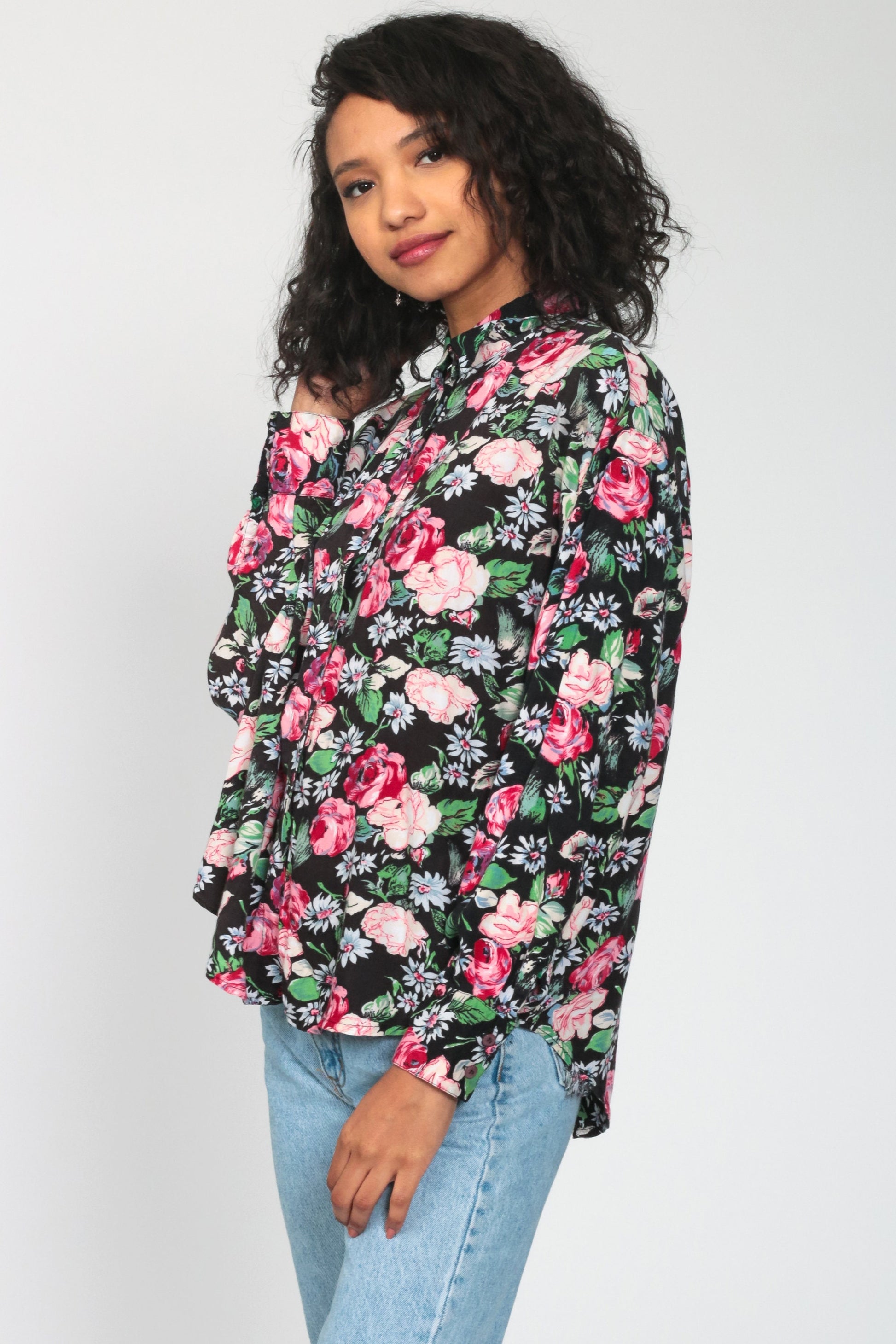 80s Floral Button Up Shirt Black Pink Print Long Sleeve Blouse Large
