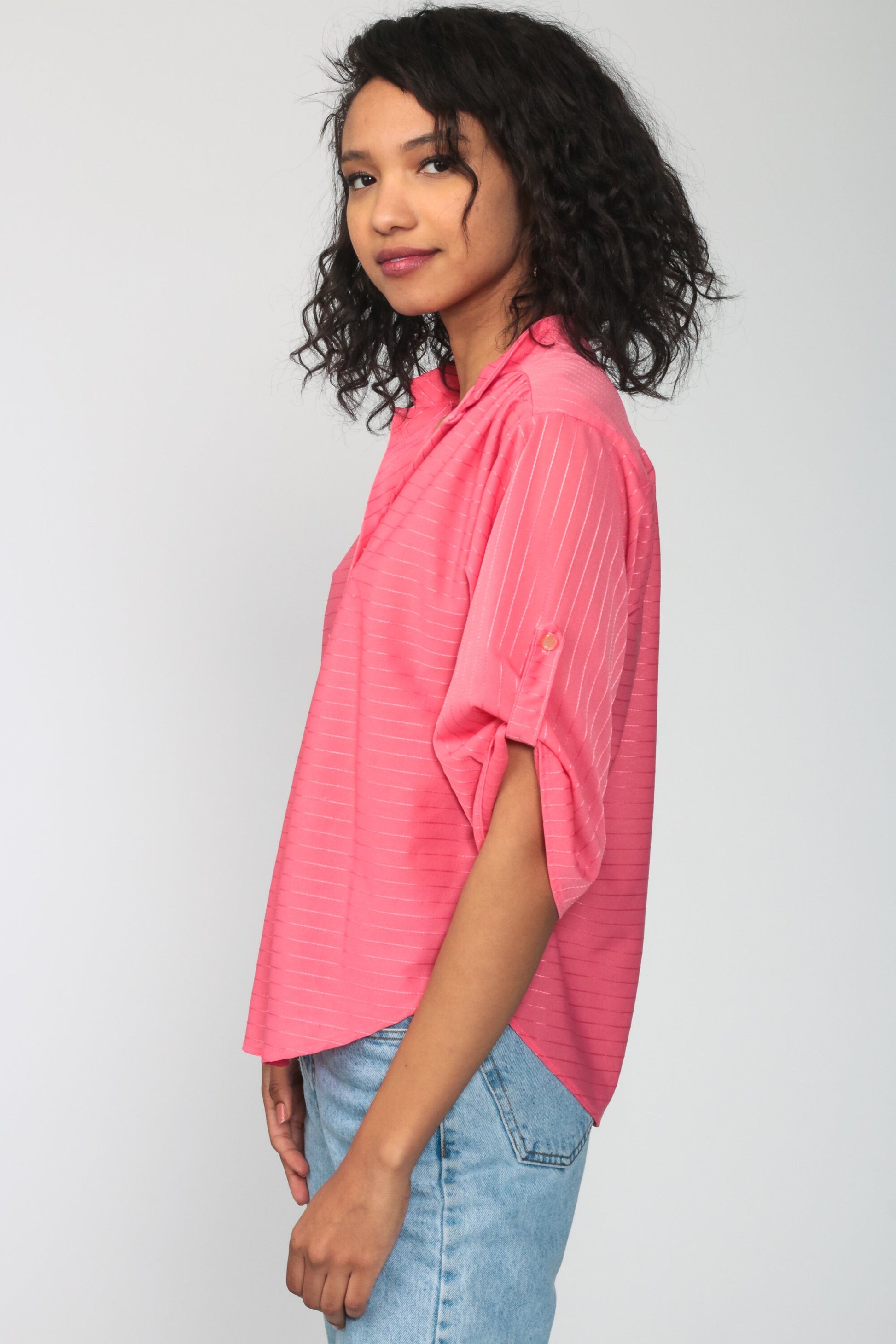 80s Pink Striped Button-Up Blouse Short Sleeve Collar Shirt Medium