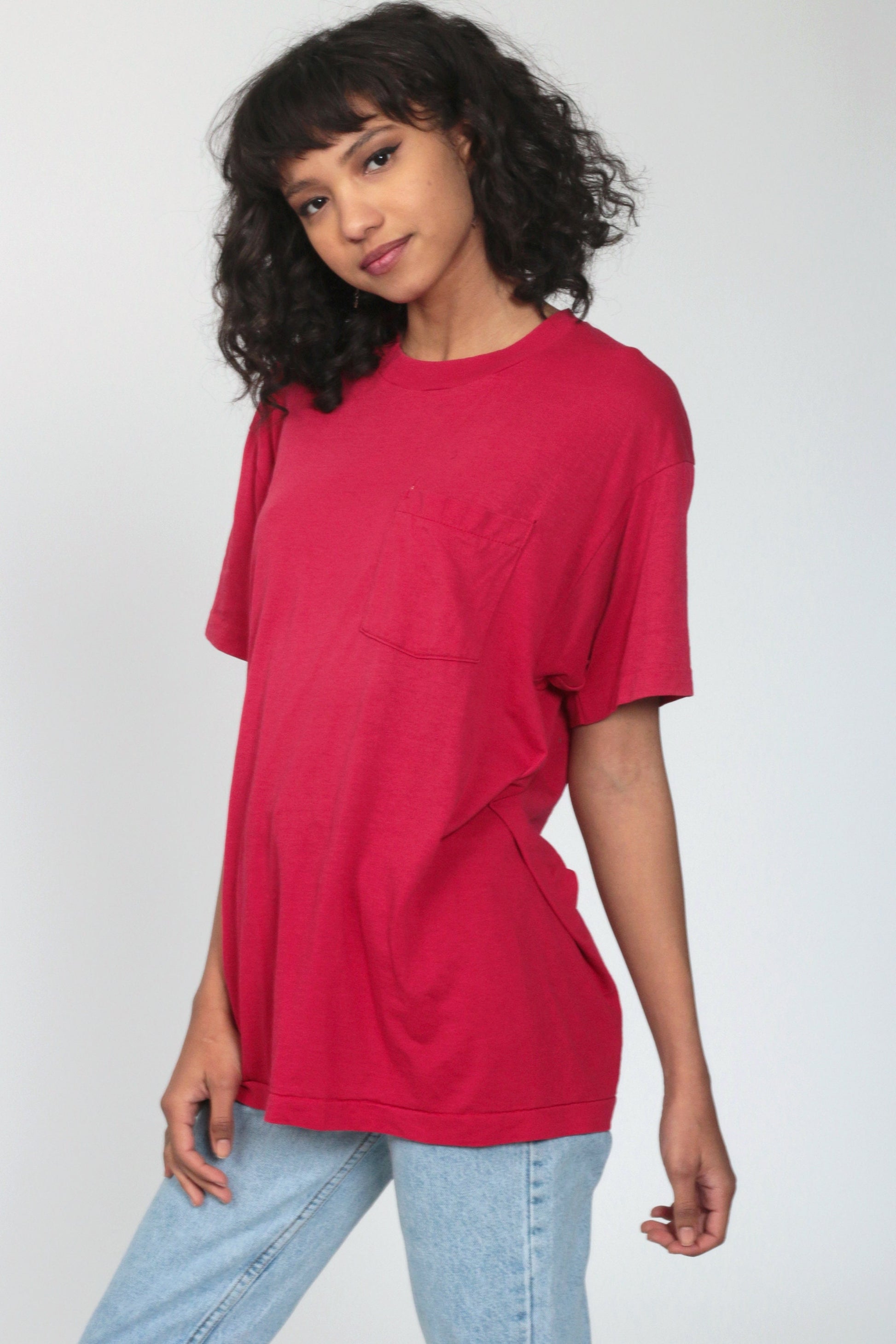 80s Deep Pink Single Stitch T-Shirt Pocket Tee Cotton Blend Large