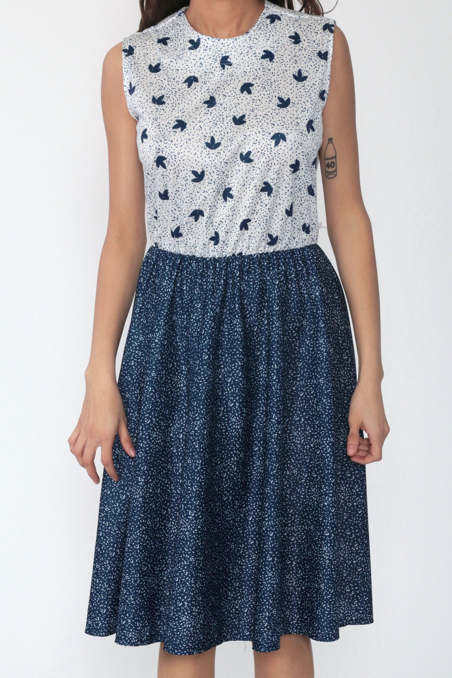 70s Leaf Print Midi Dress High Waist Sleeveless Button Up Medium