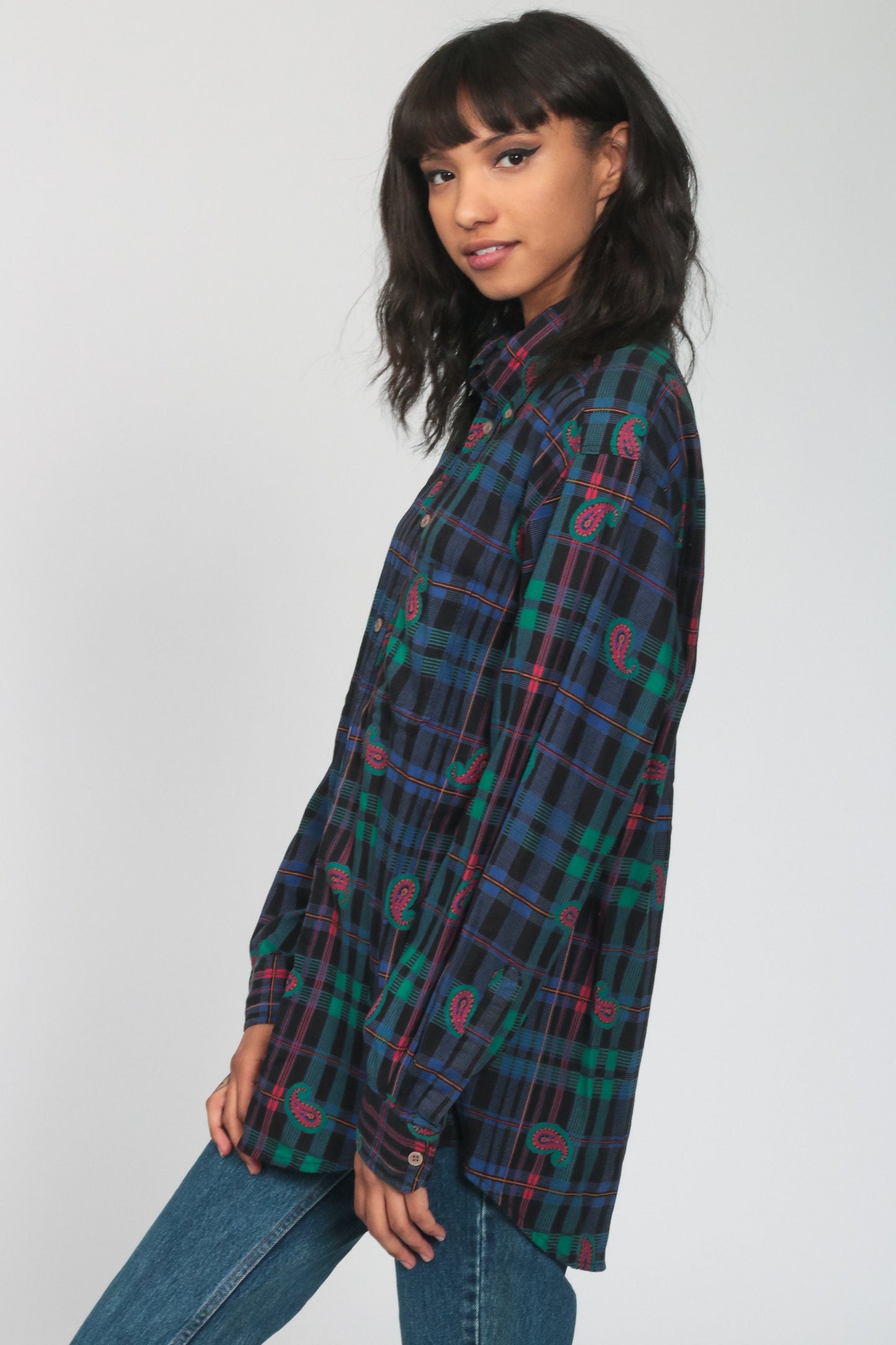 90s Plaid Paisley Button Up Shirt Blue Long Sleeve Blouse Large