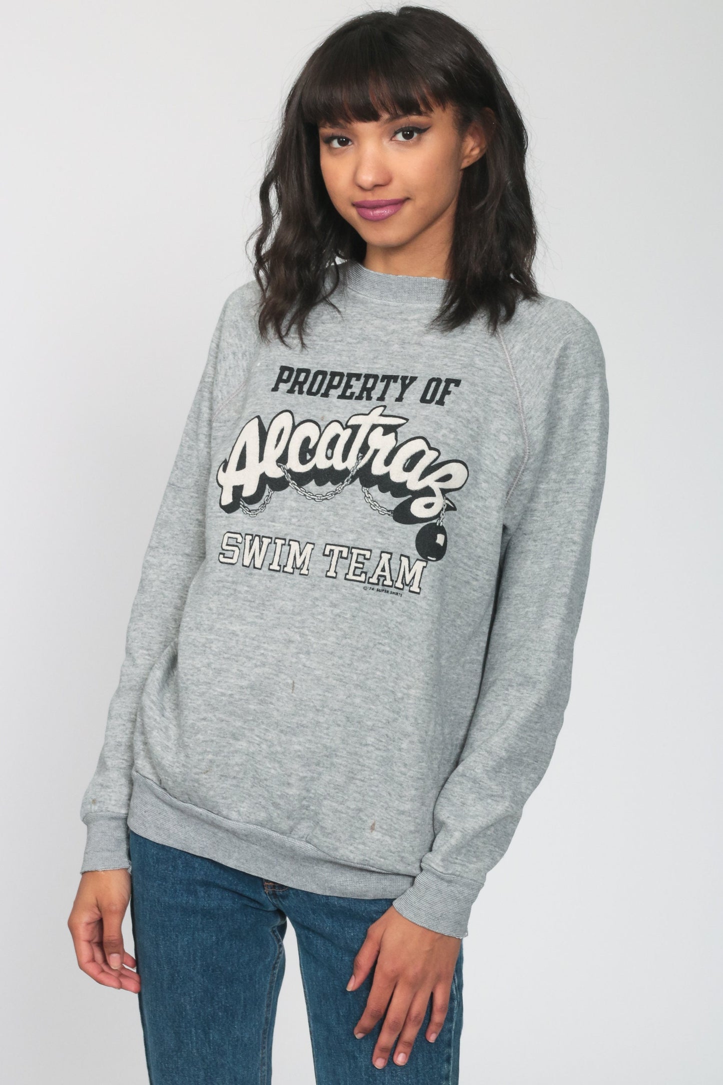 80s Alcatraz Swim Team Graphic Sweatshirt Raglan Jumper Large