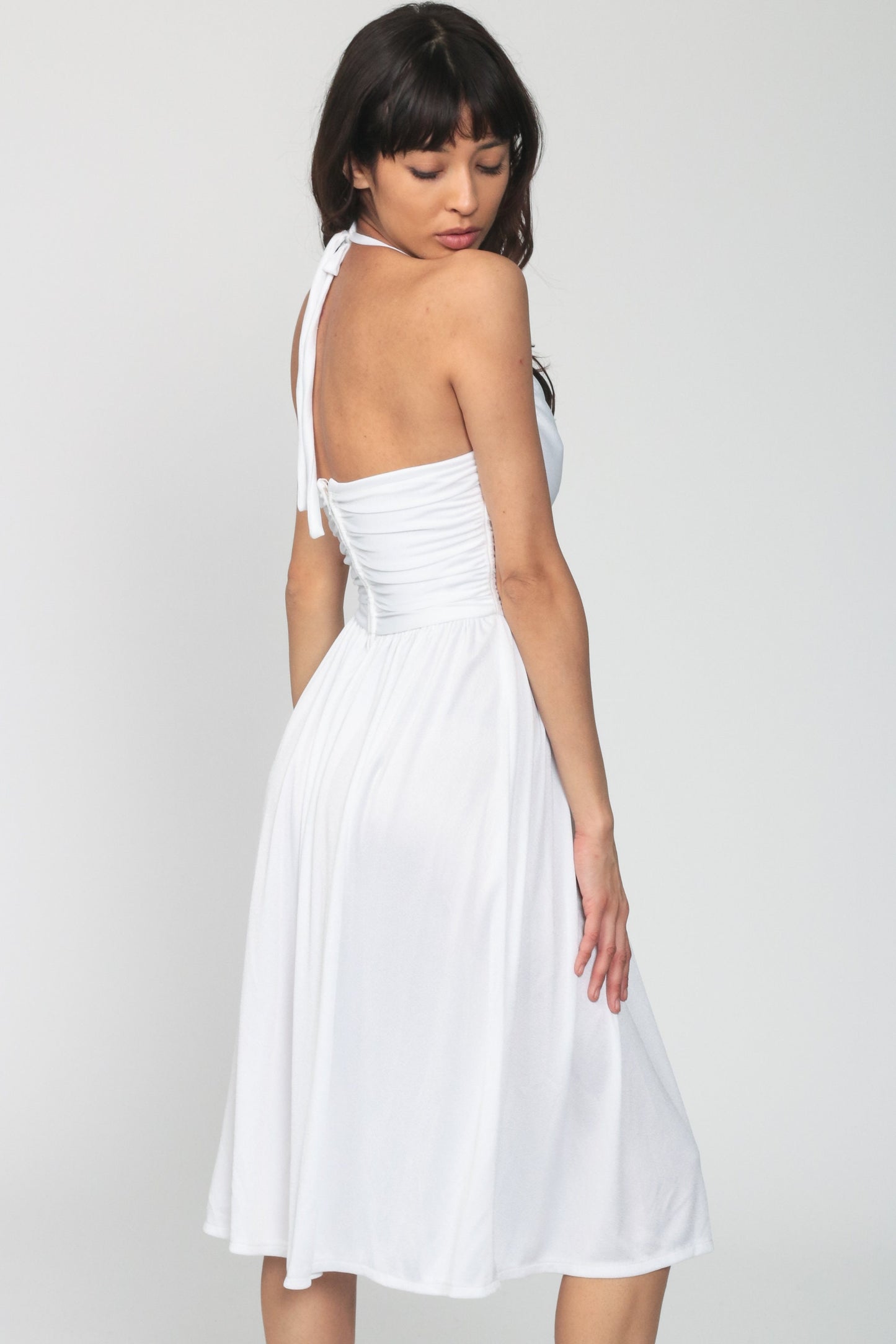 70s White Halter Midi Dress Beaded Cutout Plunging Neckline Extra Small