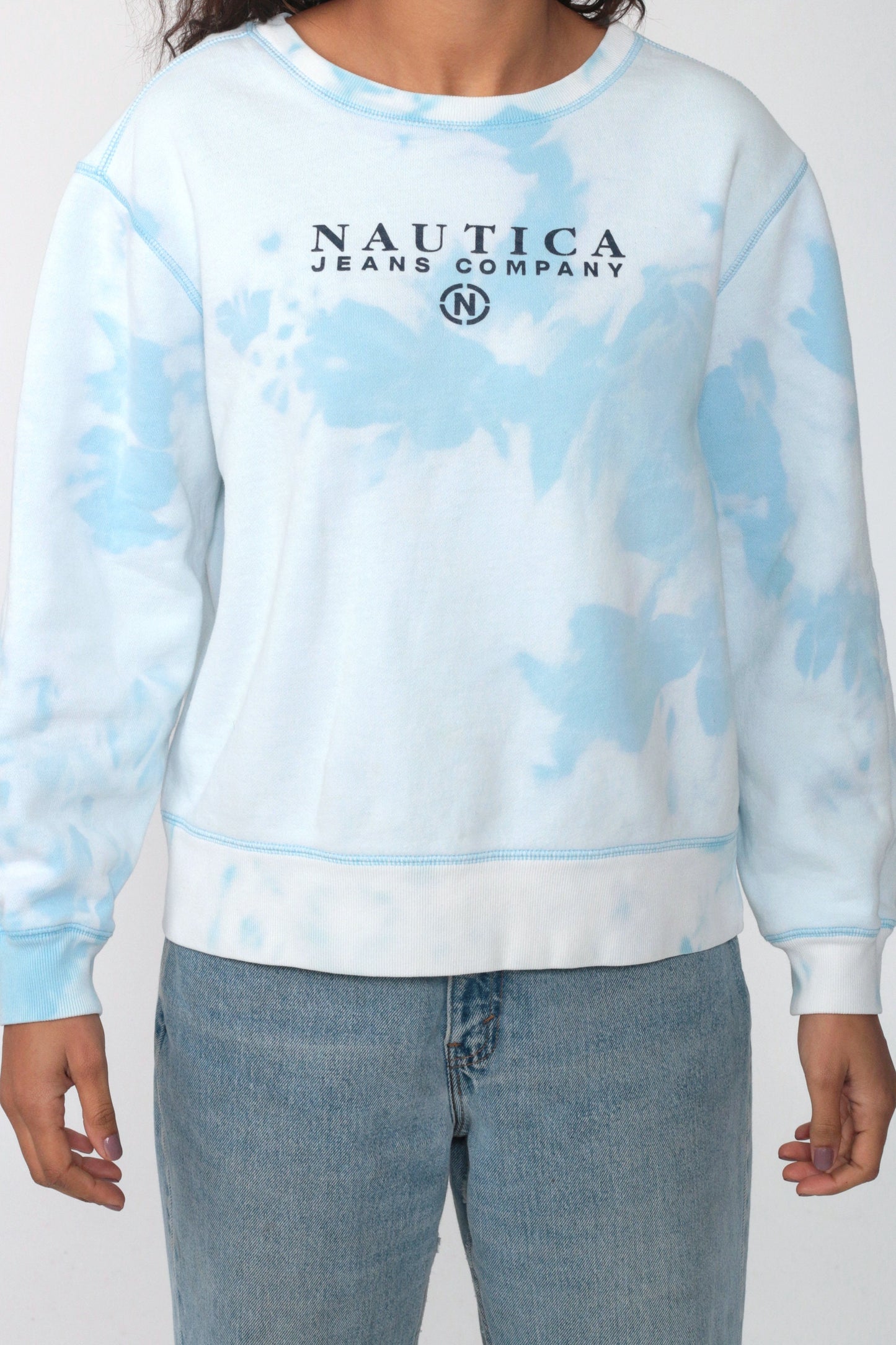 90s Nautica Tie Dye Crewneck Sweatshirt Blue White Extra Large XL