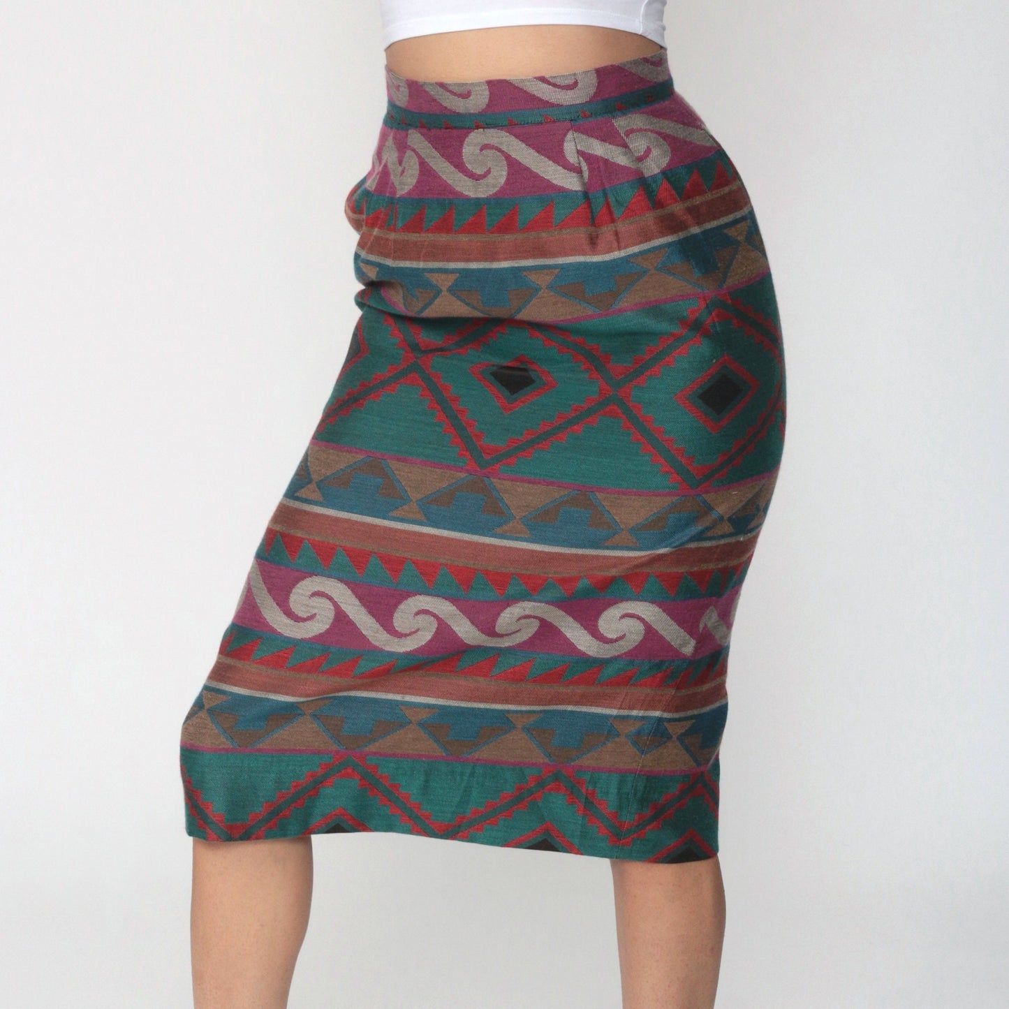 80s Tapestry Geometric High-Waist Knee Skirt Pencil Wiggle Extra Small XS