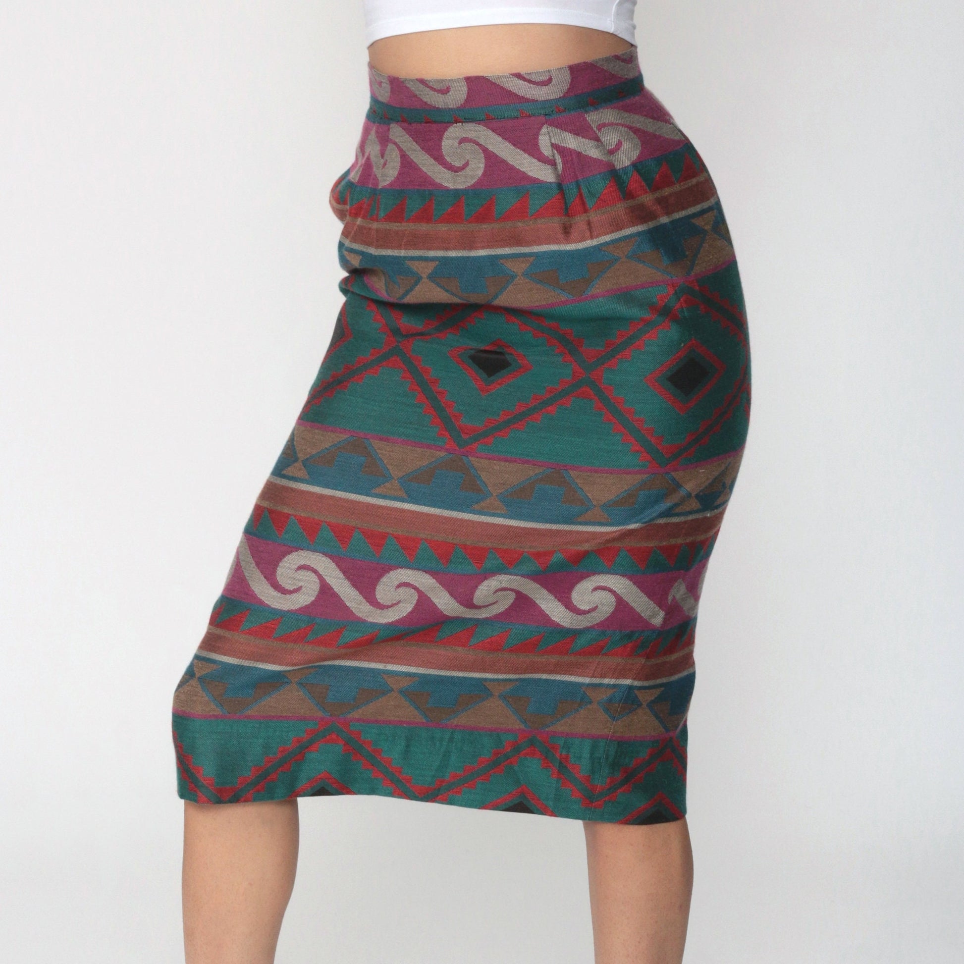 80s Tapestry Geometric High-Waist Knee Skirt Pencil Wiggle Extra Small XS