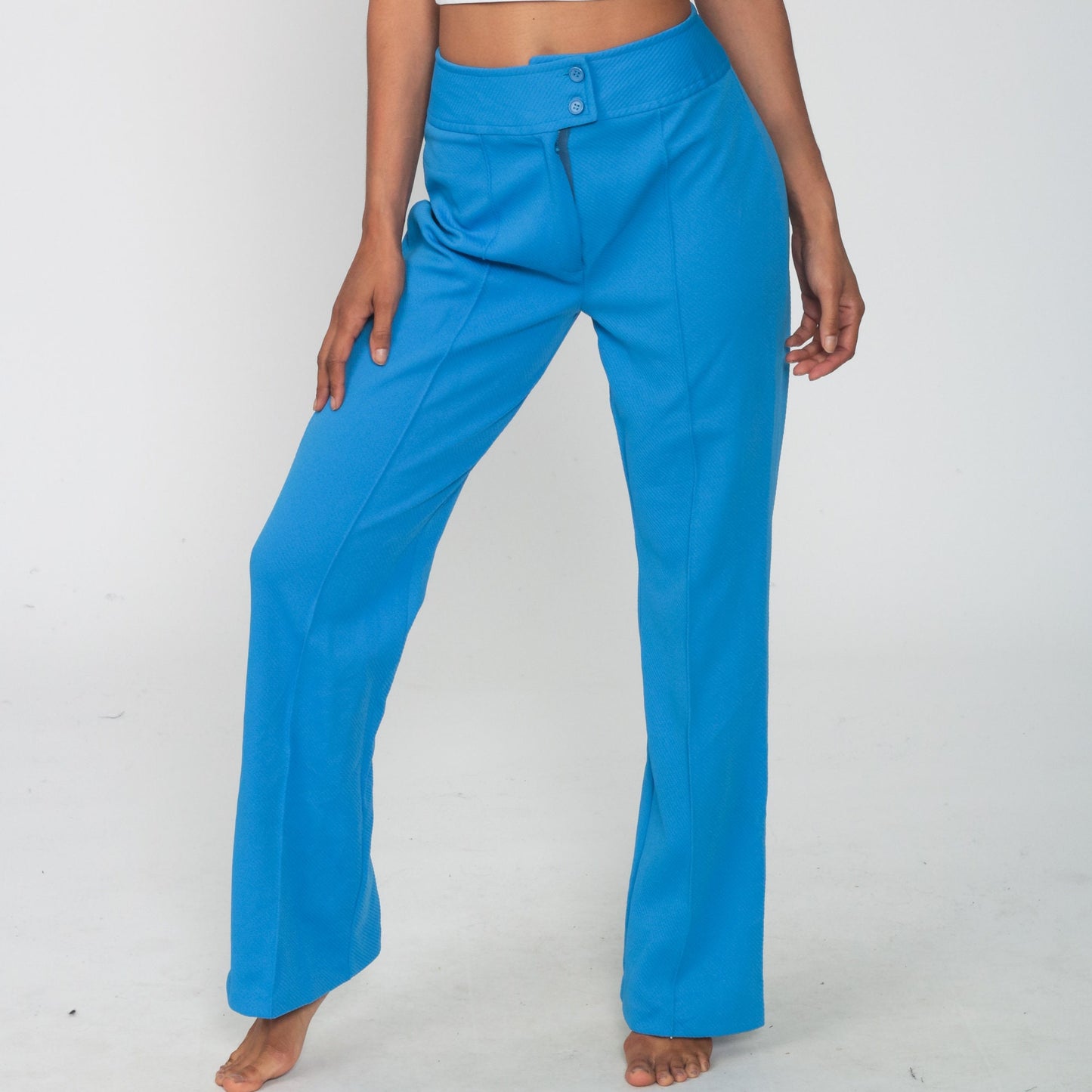 70s Blue Polyester High Waist Bell Bottom Trousers Small