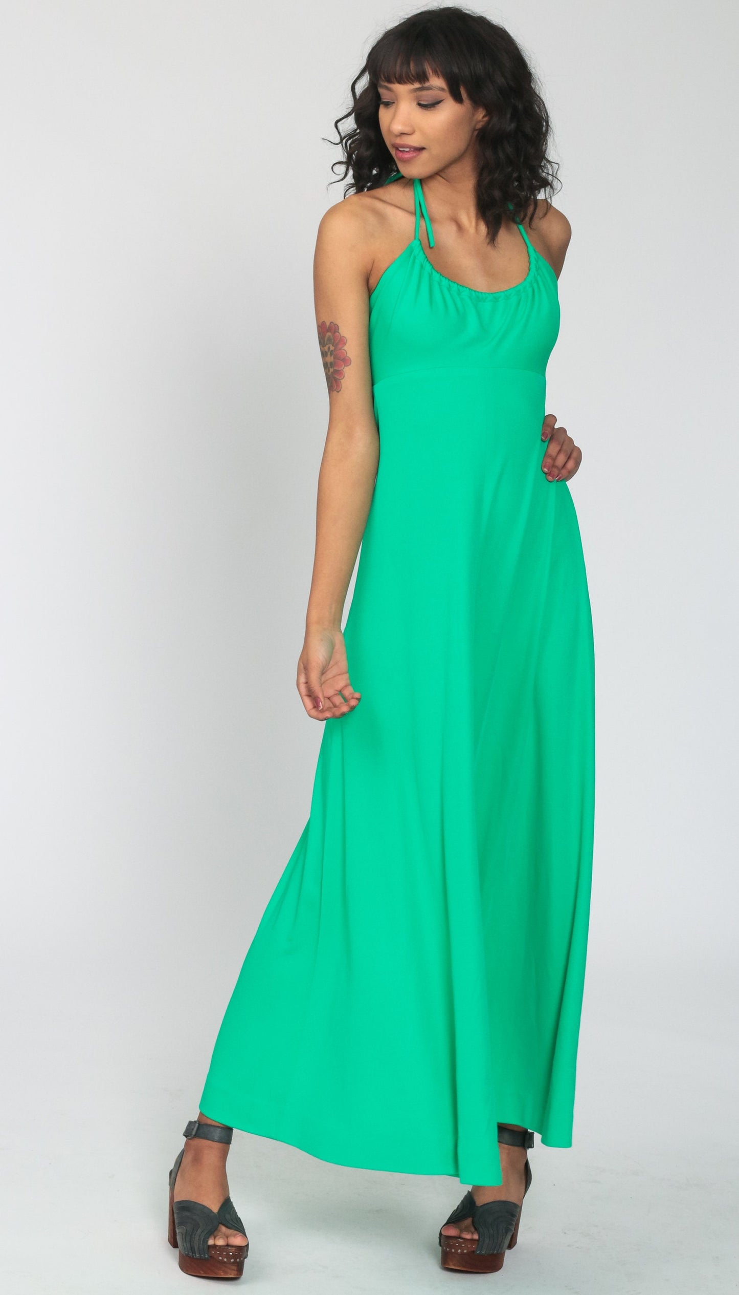 70s Bright Green Halter Jumpsuit Wide Leg High Waist Extra Small