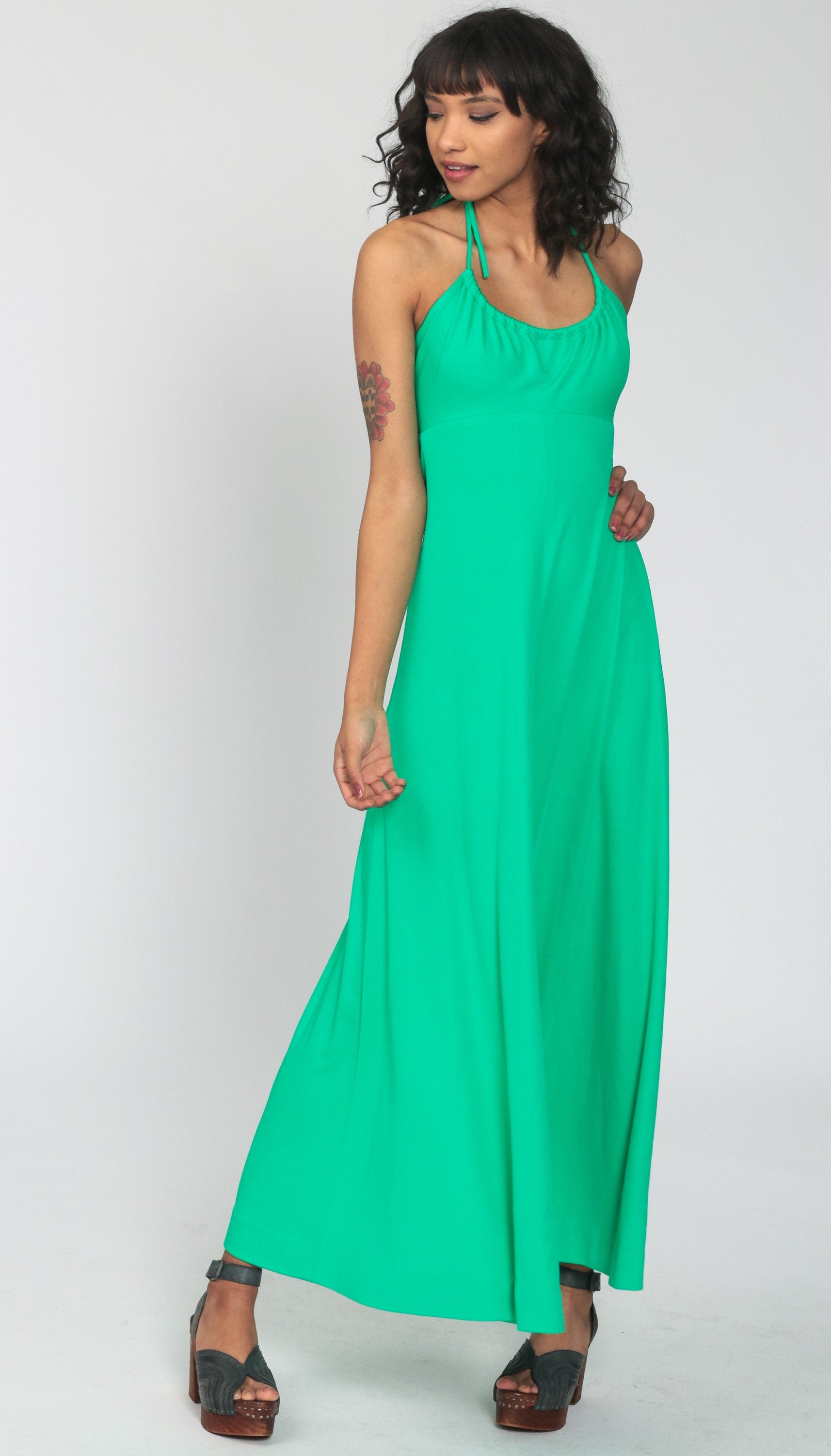 70s Bright Green Halter Jumpsuit Wide Leg High Waist Extra Small