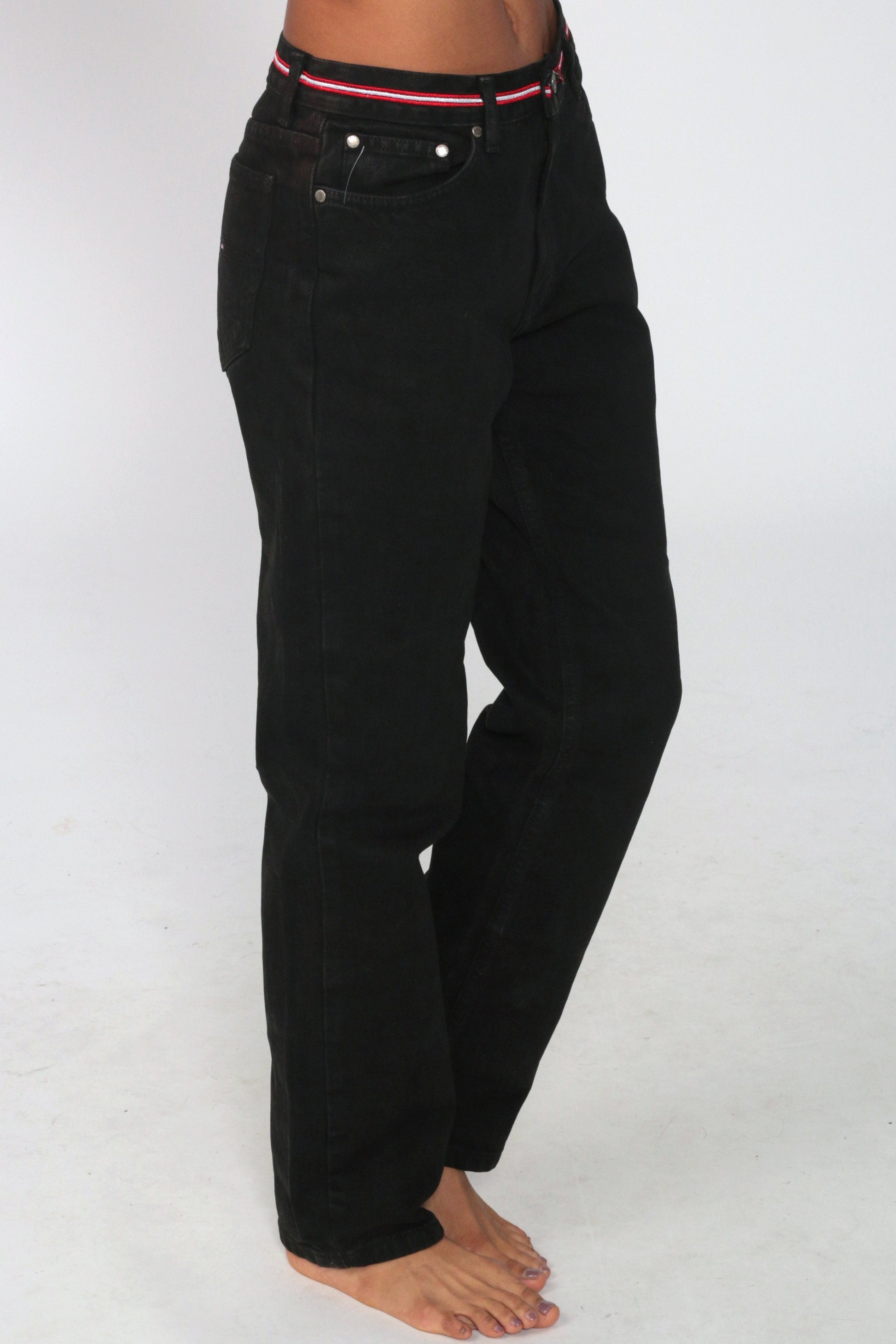 Tommy Hilfiger 90s Black Denim Mom Jeans Red Striped Waistband Size 6