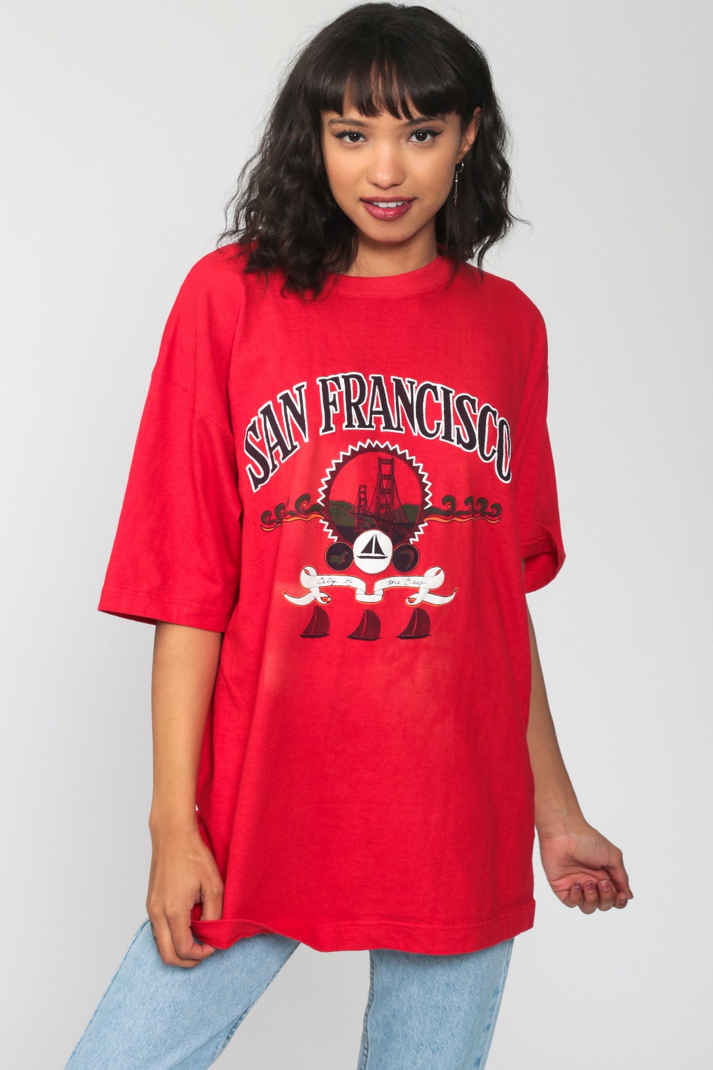 90s San Francisco Golden Gate Bridge Graphic Tee Red Sailboat Cotton Large