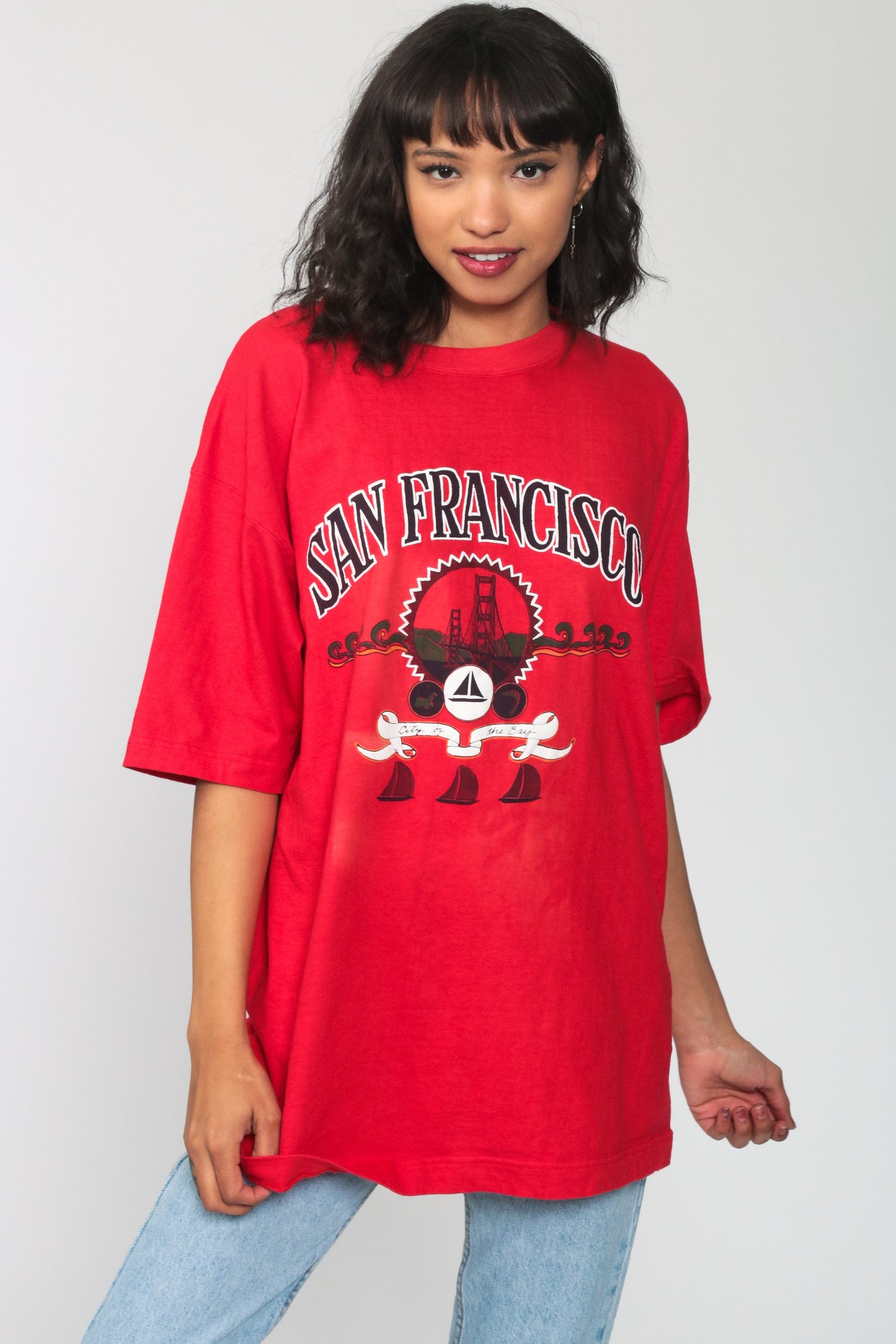 90s San Francisco Golden Gate Bridge Graphic Tee Red Sailboat Cotton Large