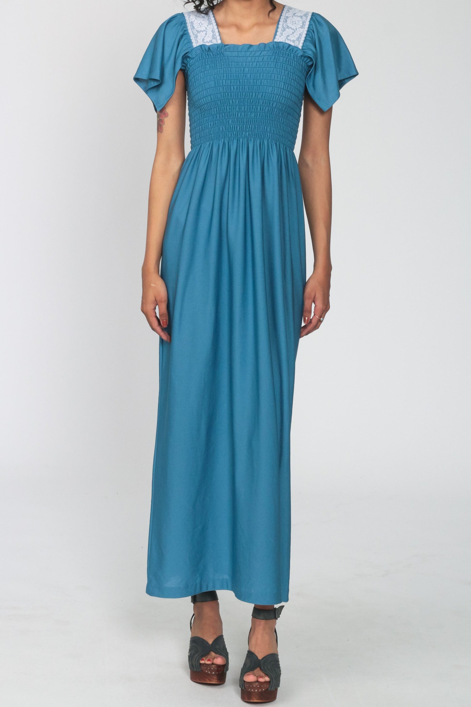 70s Blue Maxi Dress Smocked Bodice Flutter Sleeve Lace Trim Extra Small