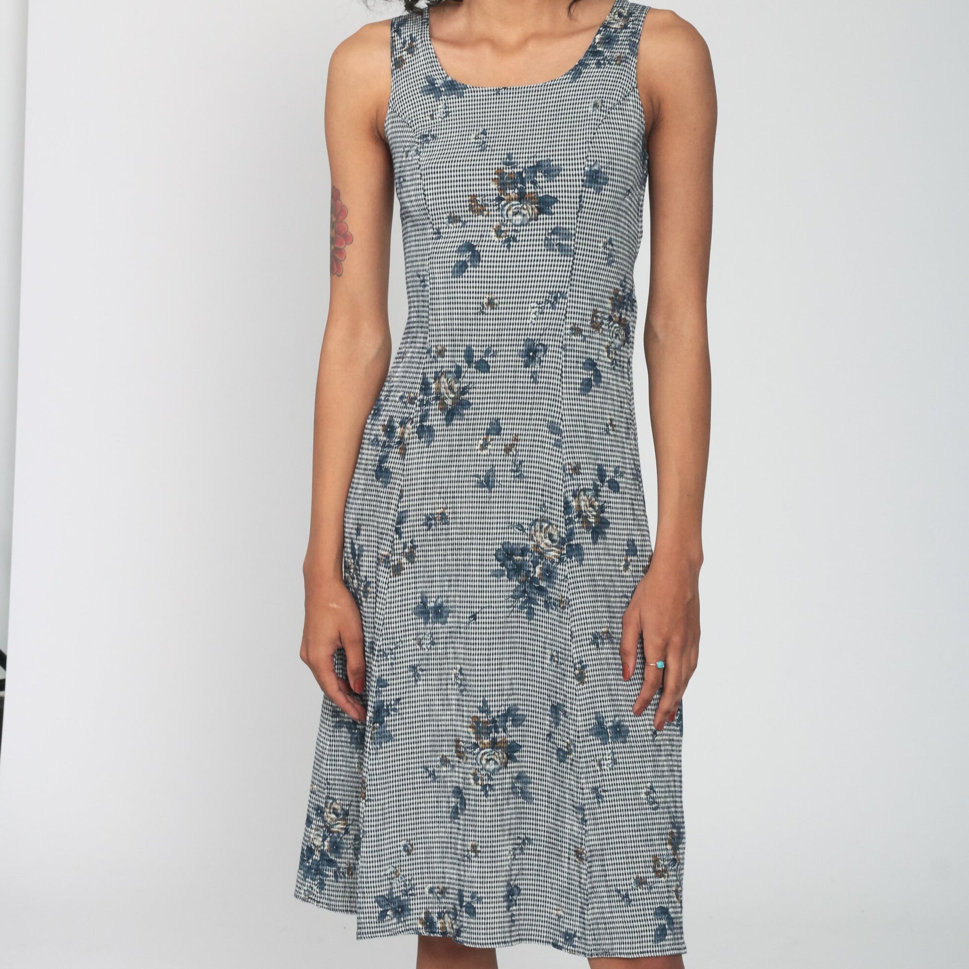 90s Gingham Floral Rayon Midi Dress Sleeveless Sheath Blue Extra Small