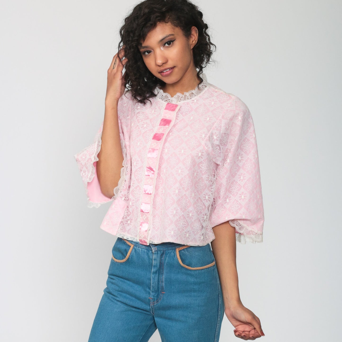 70s Baby Pink Lace Lingerie Pajama Top Button-Up Sleep Shirt Small