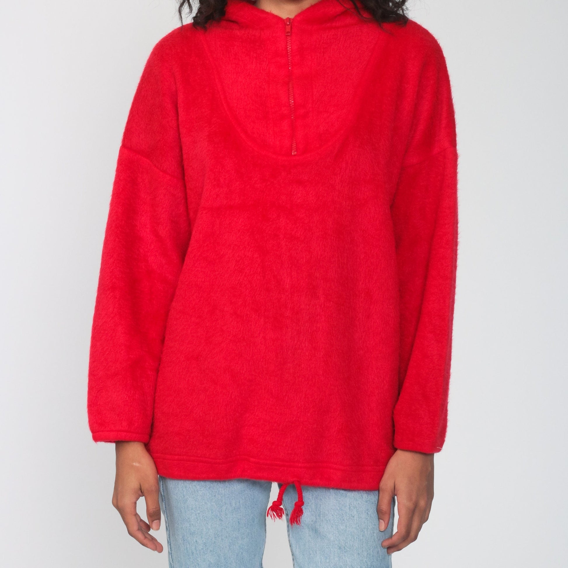 80s Red Fleece Hoodie Pullover Sweatshirt Medium