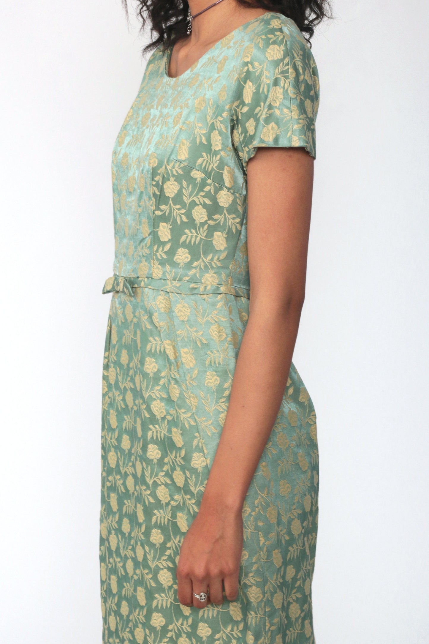 60s Leslie Fay Green Floral Brocade Dress Knee-Length Sheath Extra Small