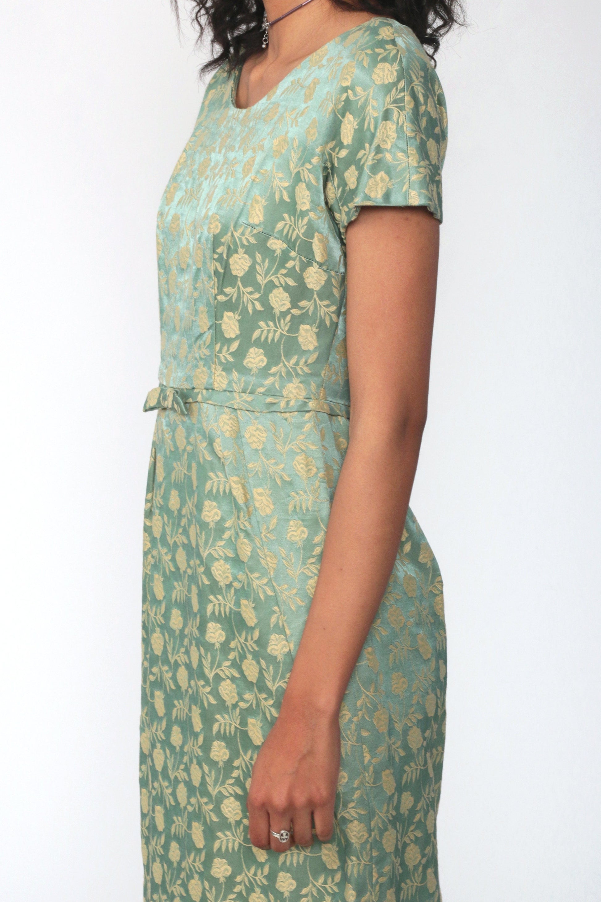 60s Leslie Fay Green Floral Brocade Dress Knee-Length Sheath Extra Small