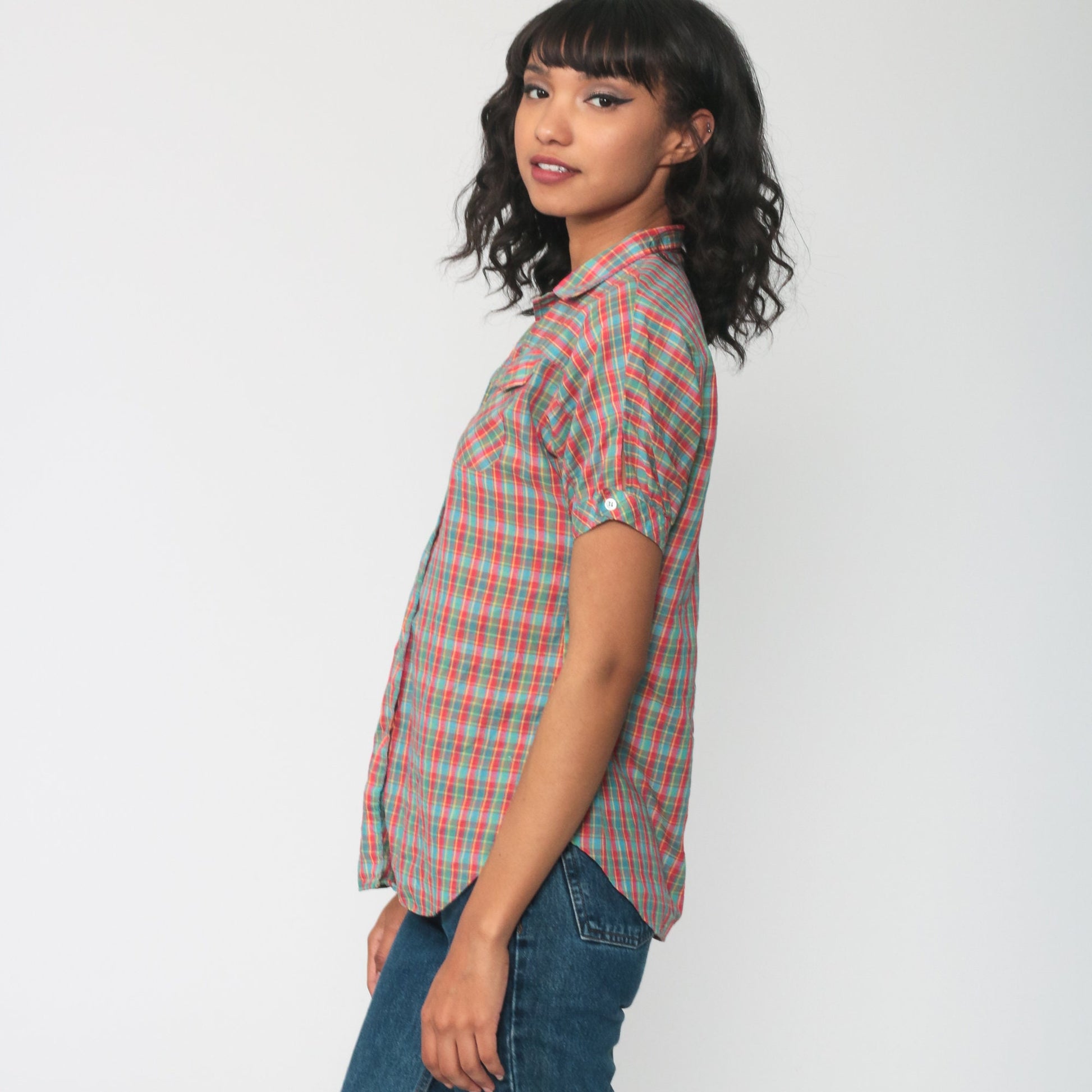 80s Plaid Cotton Button-Up Blouse Red Green Puff Sleeve Extra Small