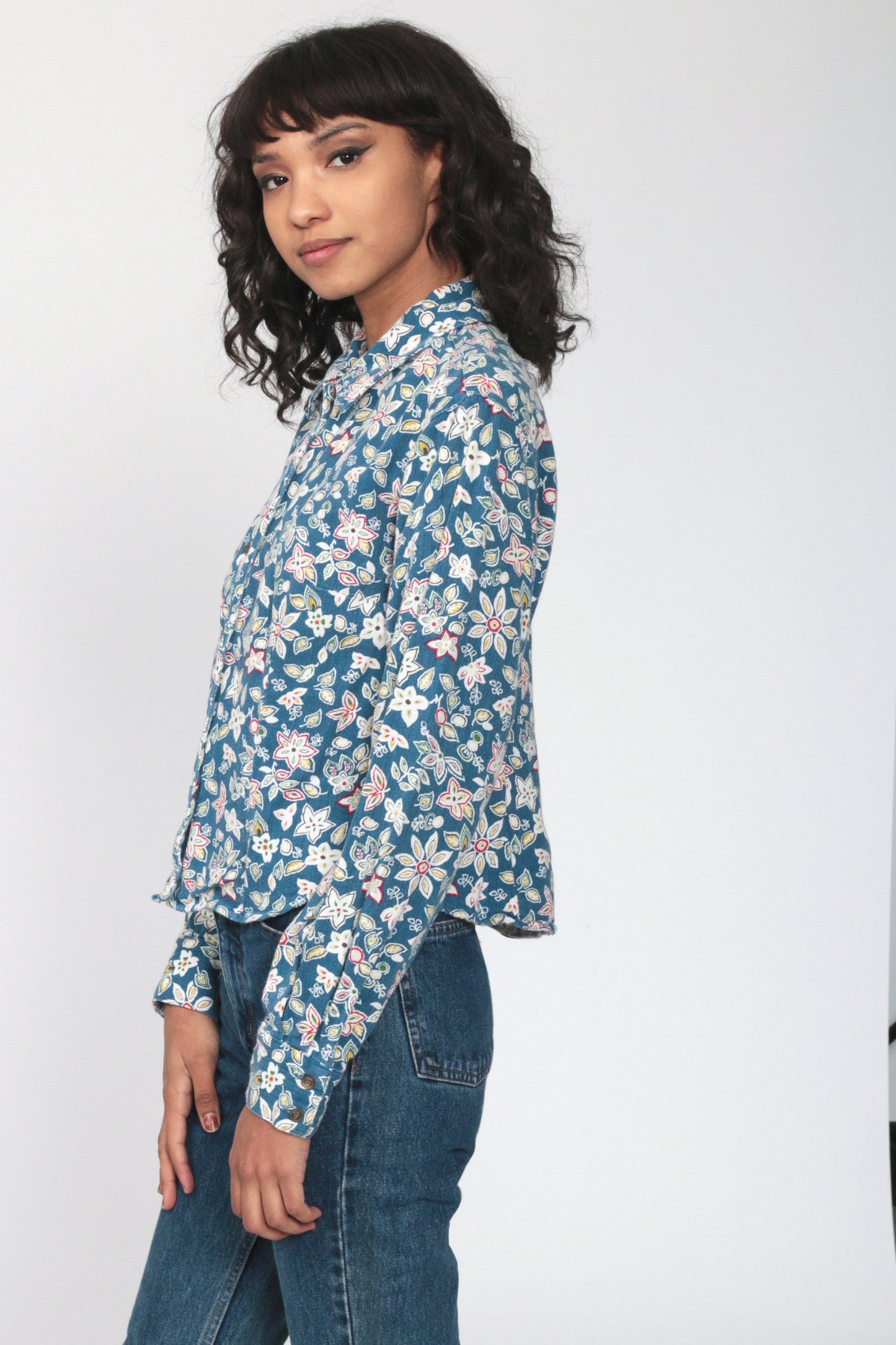 Guess 90s Floral Button-Up Blouse Blue Long Sleeve Medium
