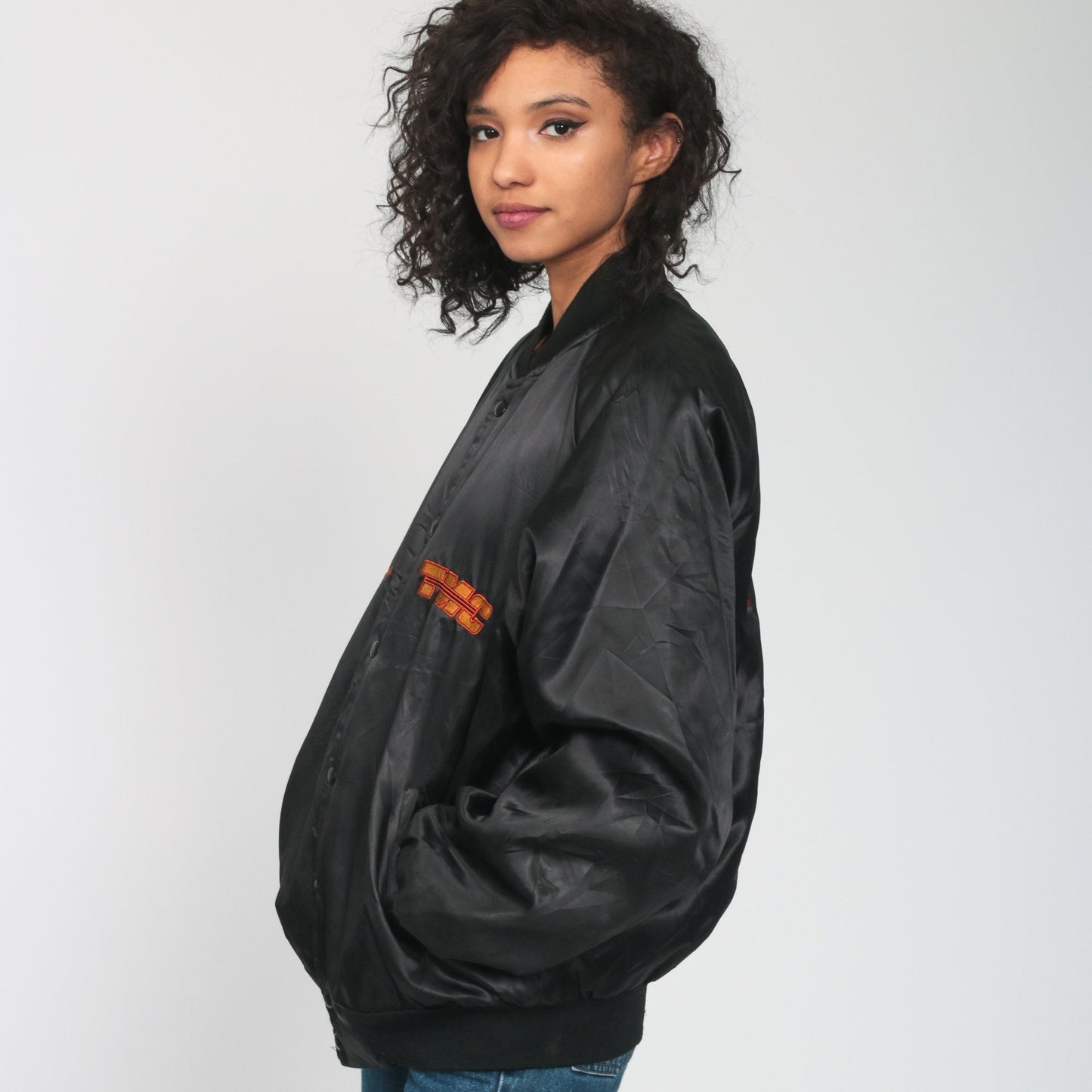 80s TMC Specialized Black Satin Bomber Jacket Snap Up Medium Large
