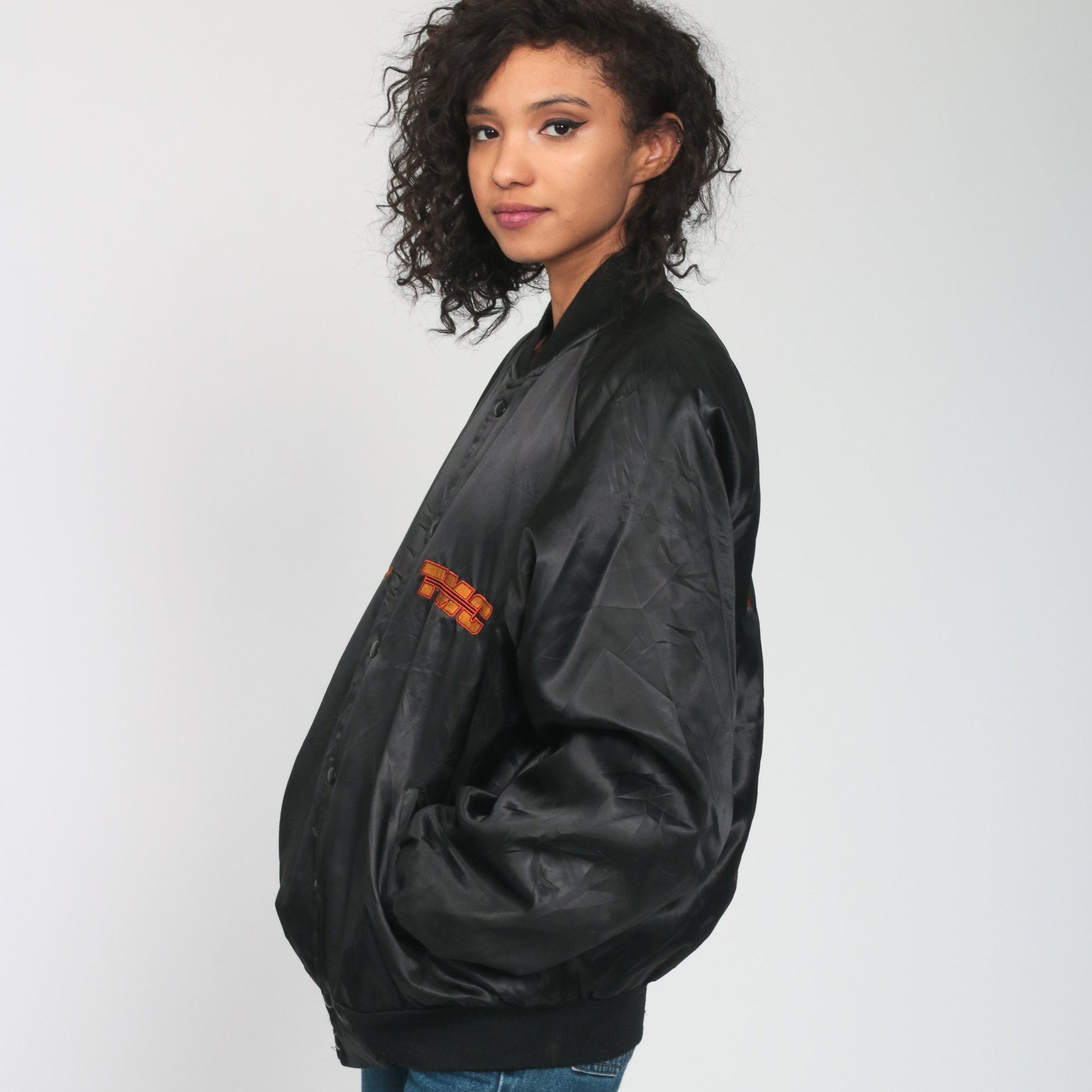 80s TMC Specialized Black Satin Bomber Jacket Snap Up Medium Large