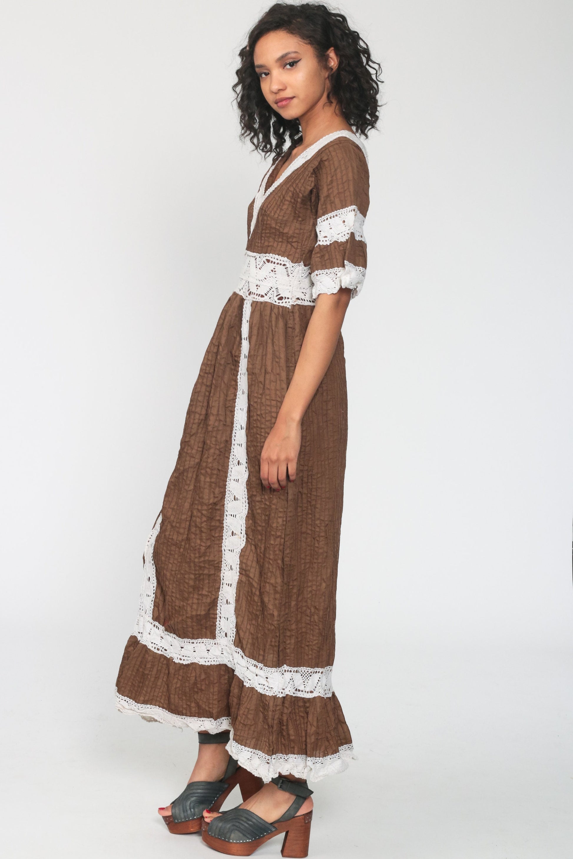 70s Mexican Wedding Maxi Dress Brown Crochet Lace Bell Sleeve Extra Small
