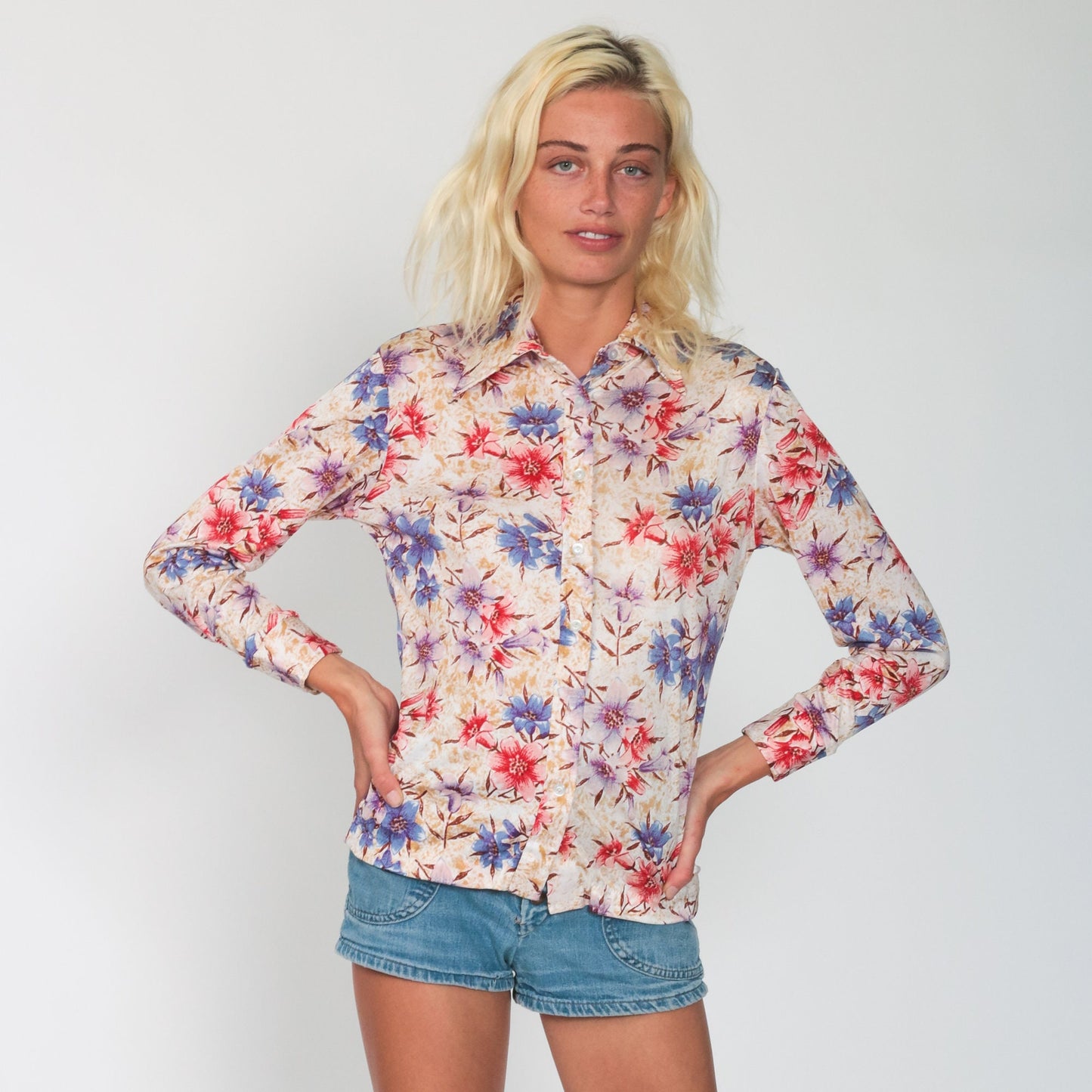 70s Floral Button Up Shirt Pointed Collar Long Sleeve Flower Print Small