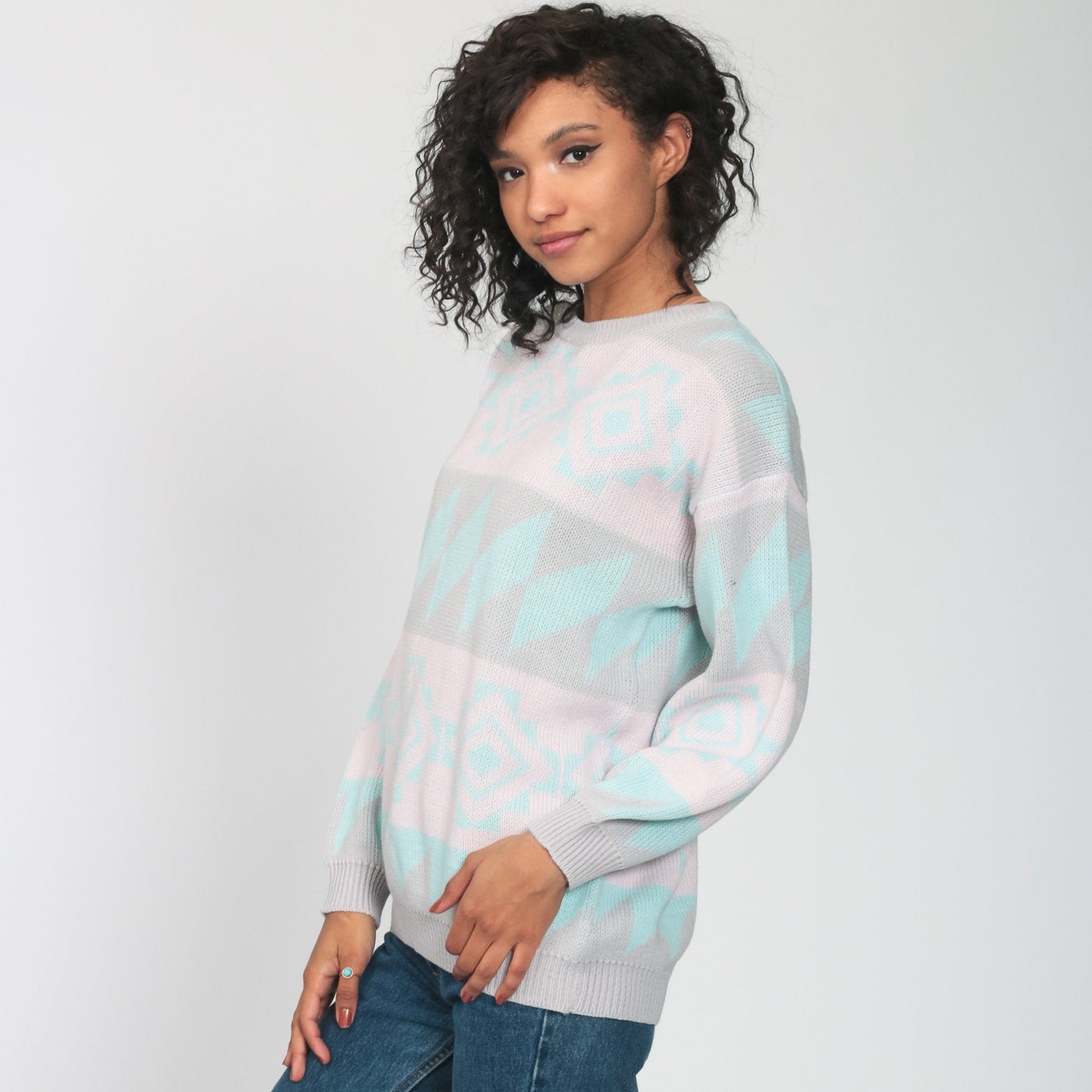 80s Southwestern Tribal Sweater Pastel Pink Geometric Knit Medium