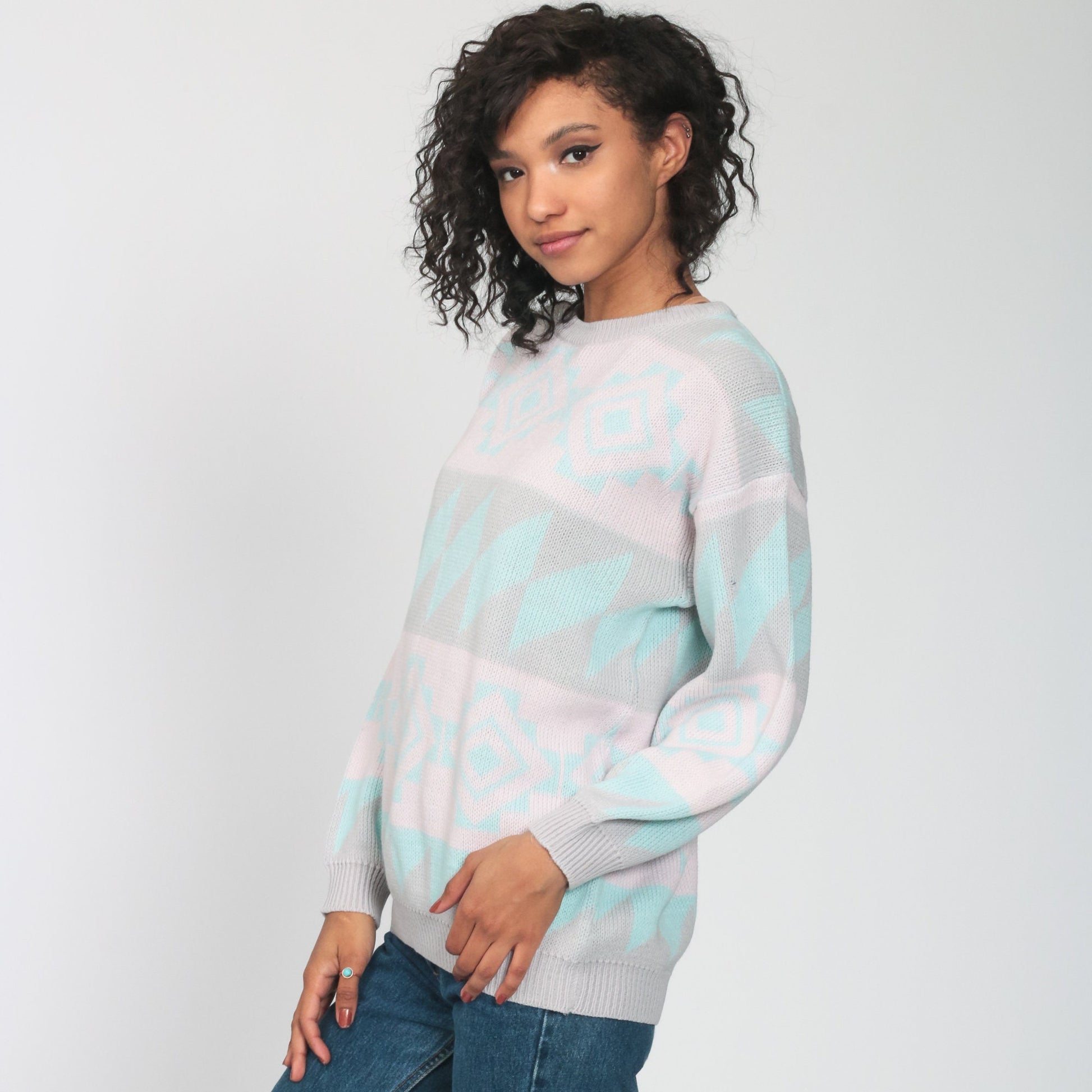 80s Southwestern Tribal Sweater Pastel Pink Geometric Knit Medium