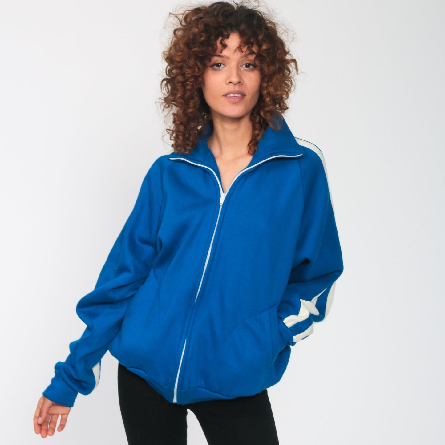 80s Royal Blue Striped Raglan Track Jacket Zip Up Small Medium