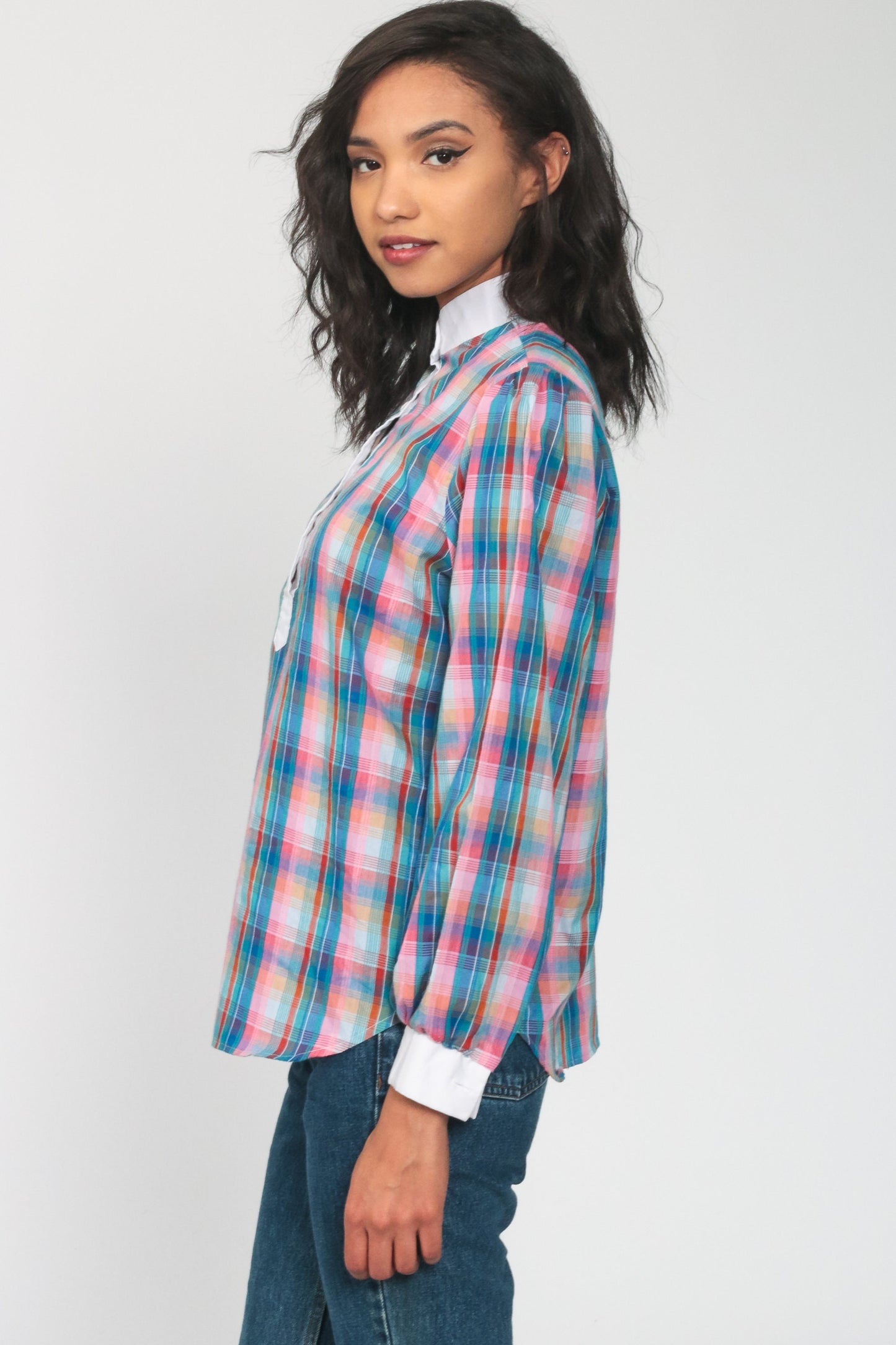 80s Plaid Button-Up Blouse Multicolor Long Sleeve Shirt Medium Large