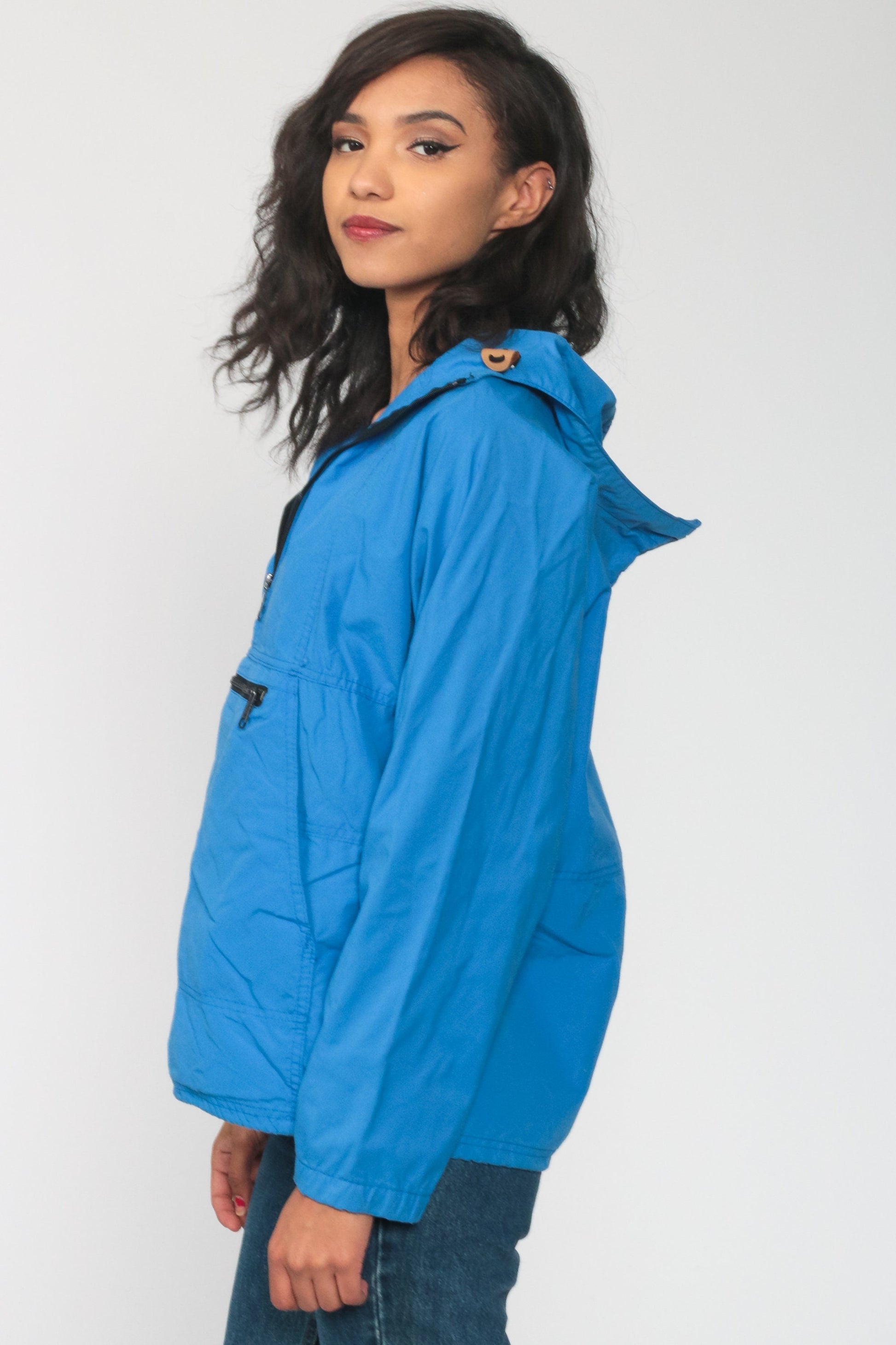 LL Bean Blue Hooded Half-Zip Windbreaker Jacket Women's Medium