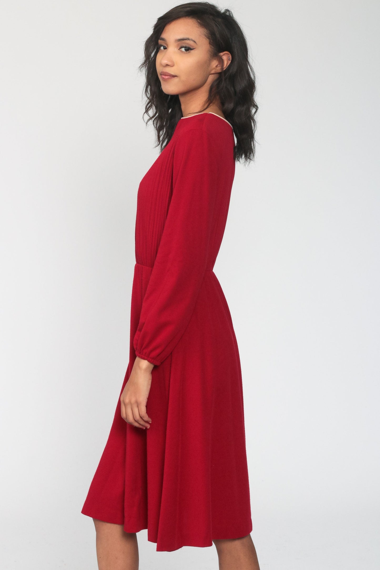 70s Dark Red Midi Dress High Waist Knife Pleated Long Sleeve Small
