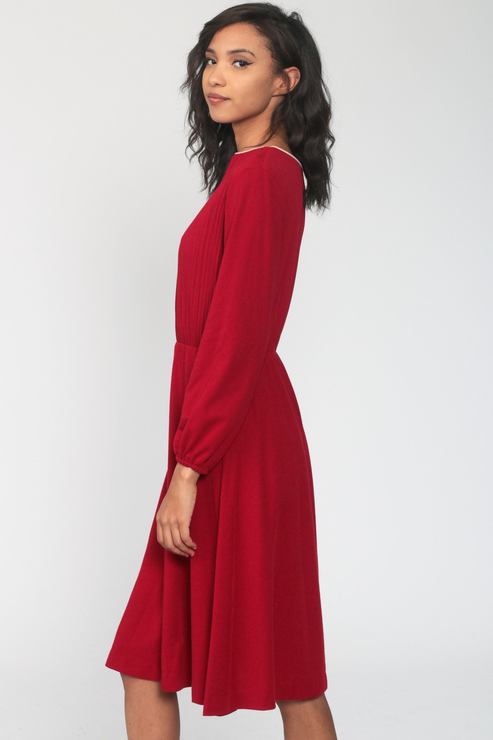 70s Dark Red Midi Dress High Waist Knife Pleated Long Sleeve Small