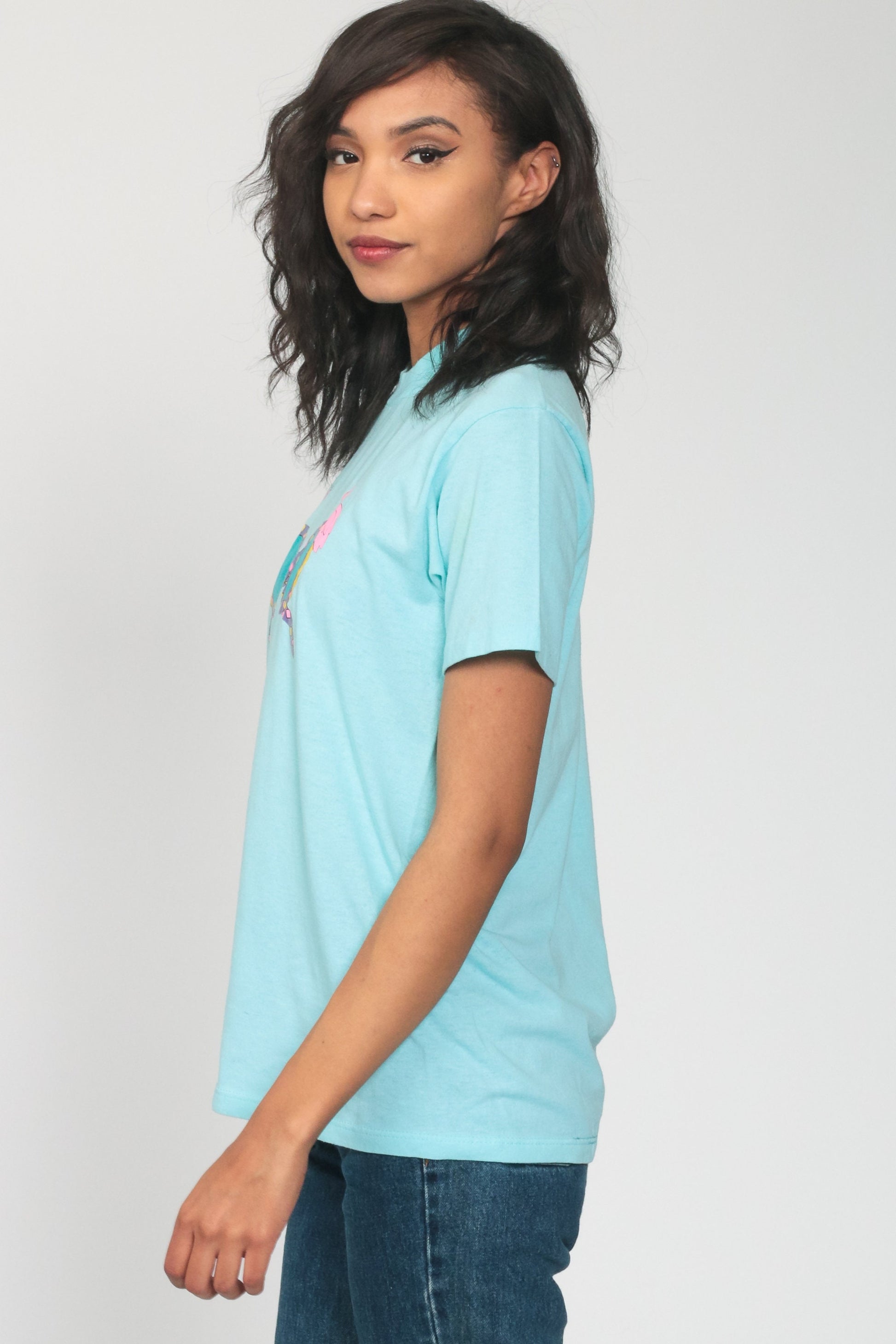 80s Flamingo Sunglasses Graphic T-Shirt Neon Aqua Single Stitch Extra Small