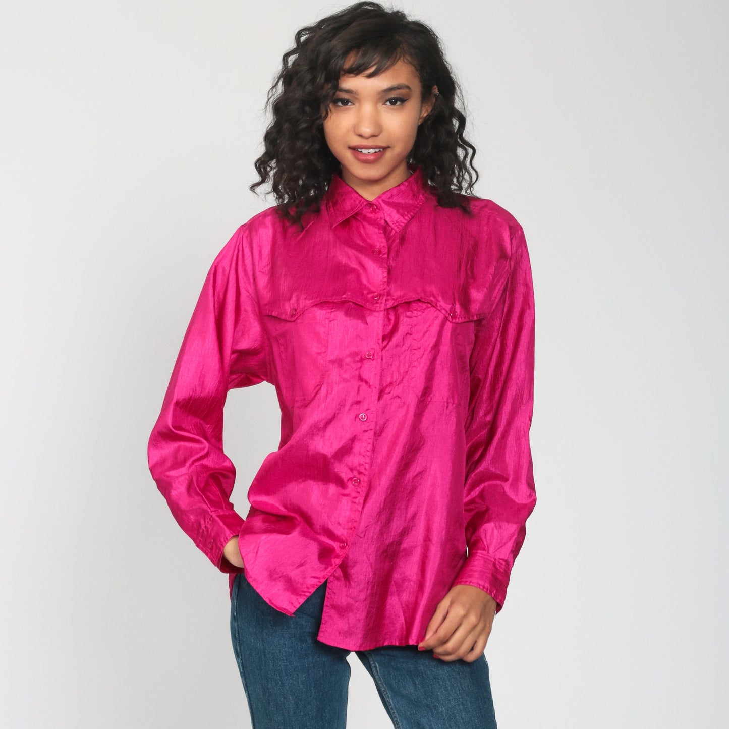 90s Shiny Pink Button-Up Blouse Long Sleeve Collared Shirt Large L