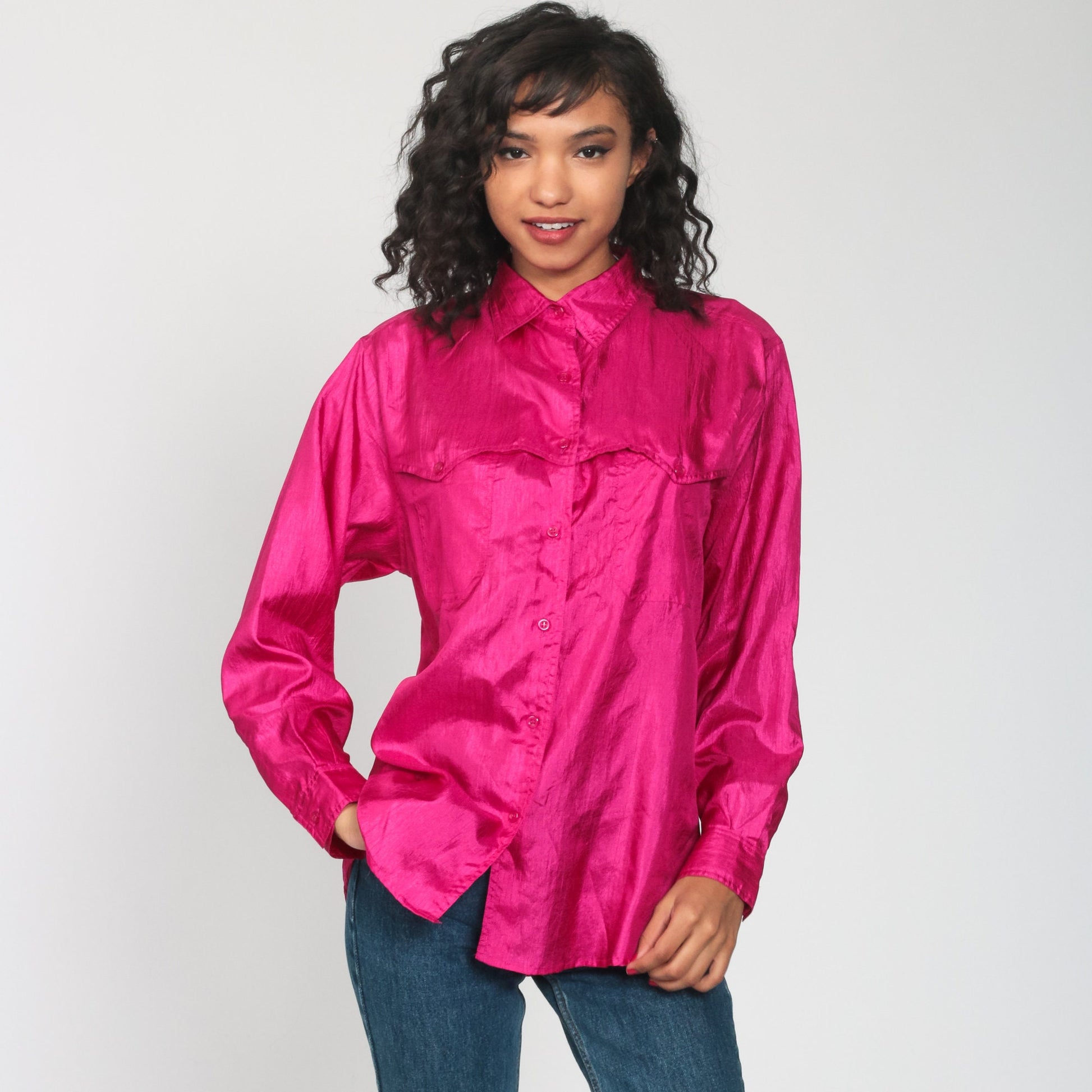 90s Shiny Pink Button-Up Blouse Long Sleeve Collared Shirt Large L