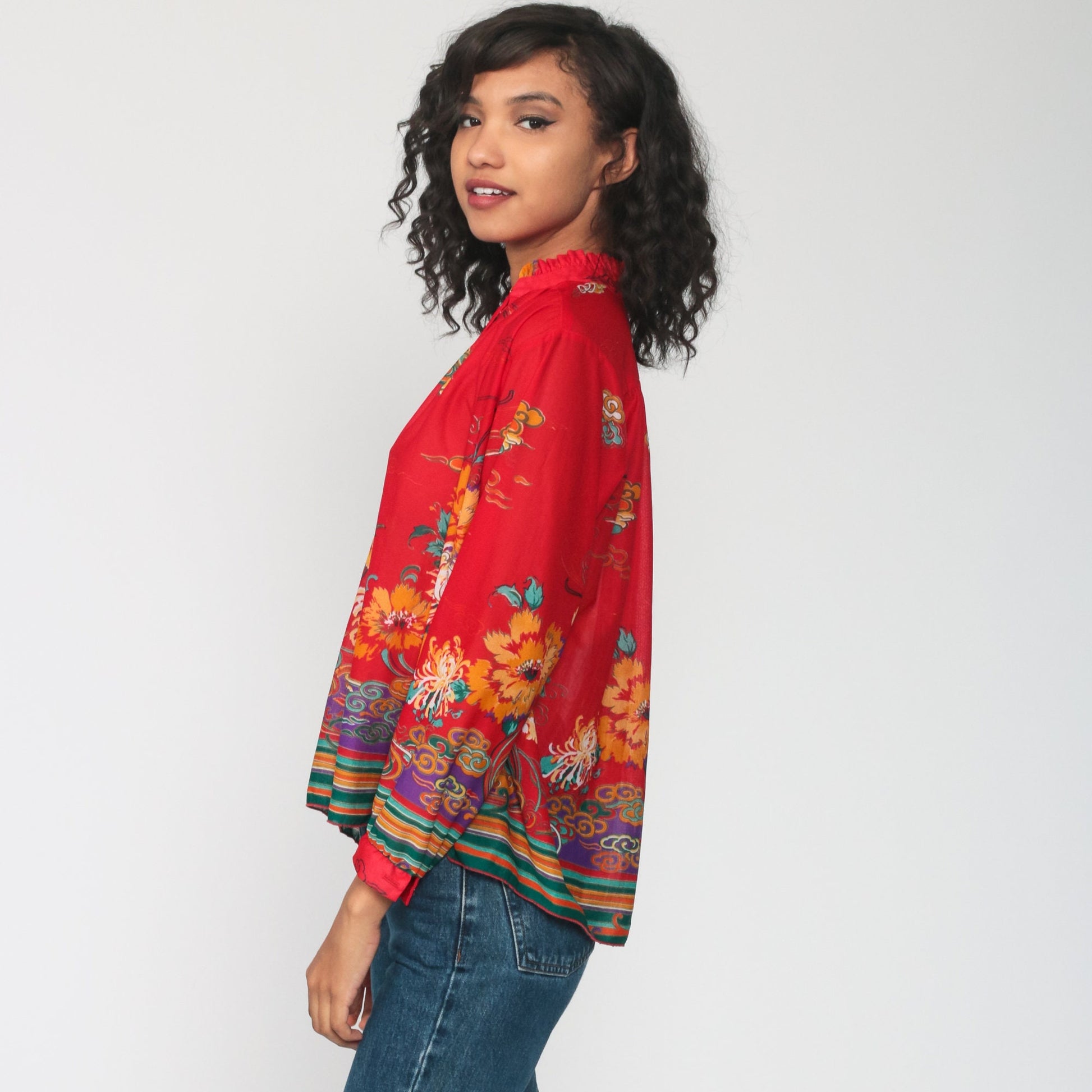 70s Red Floral Print Long Sleeve Blouse Tunic Medium Large