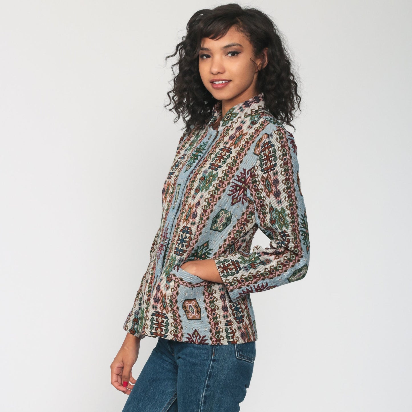 80s Southwestern Tribal Blanket Jacket Aztec Print Blue Blazer Small