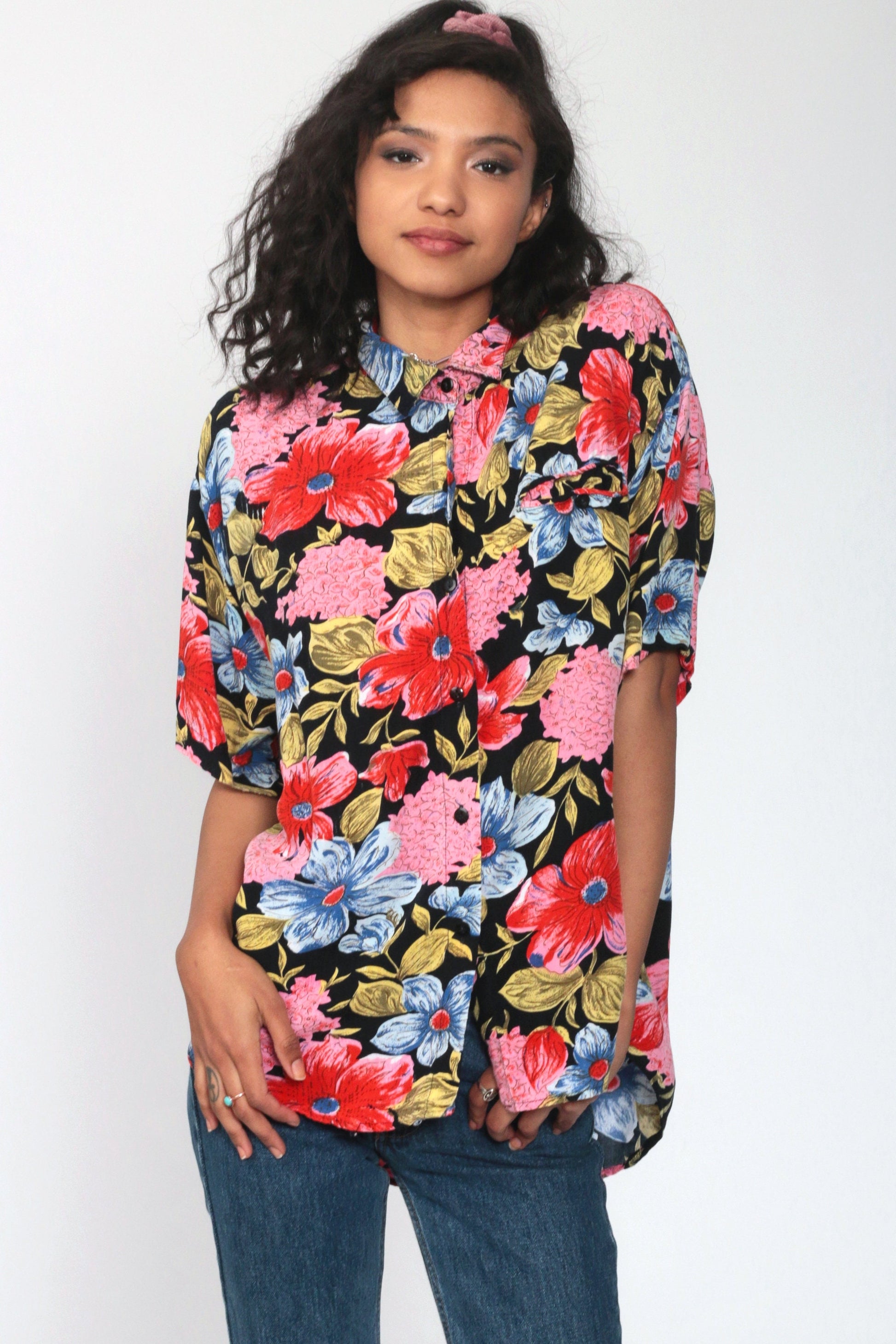 80s Floral Button Up Shirt Rayon Short Sleeve Blouse Black Red Pink Large