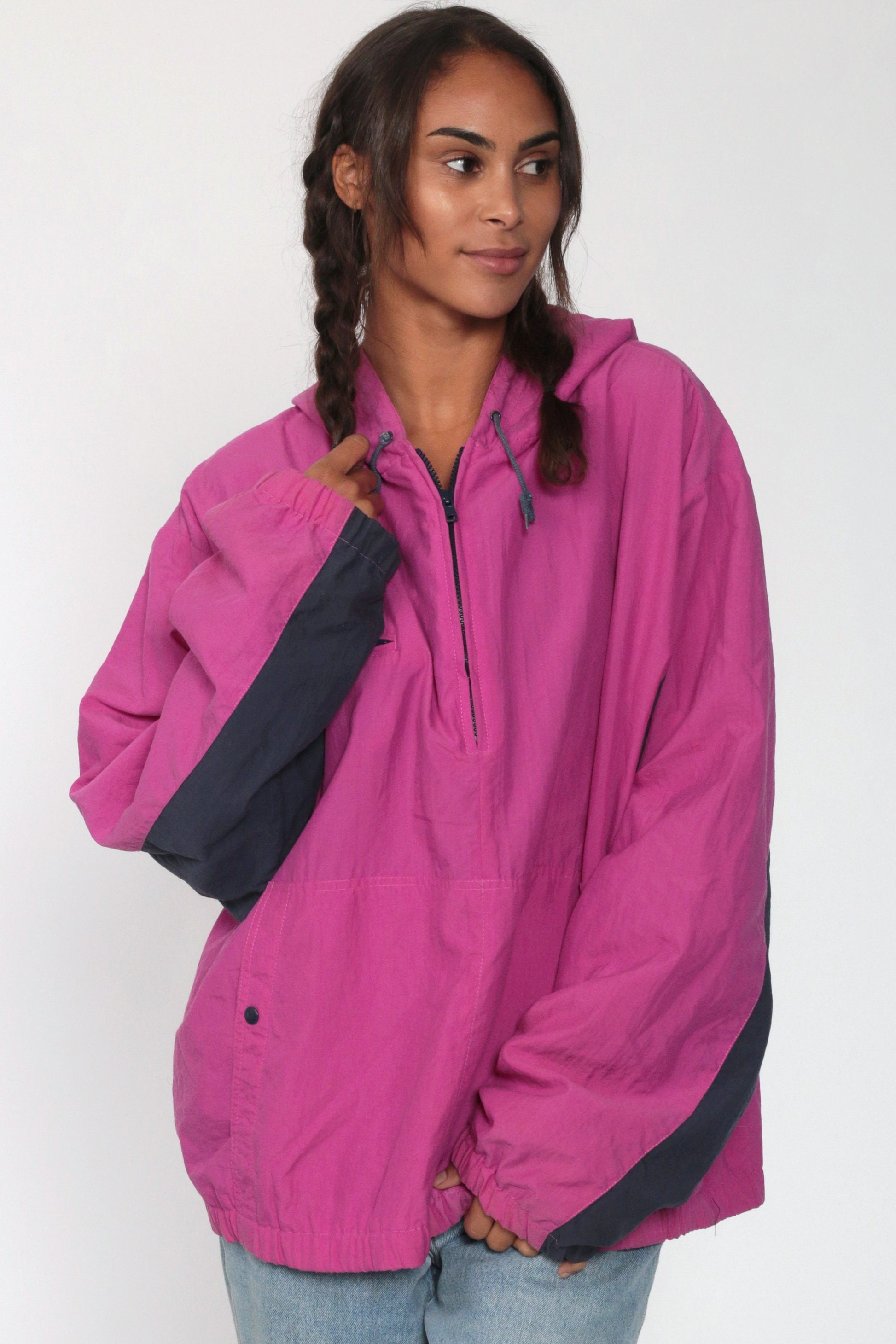 90s Izod Hooded Windbreaker Magenta Half-Zip Pullover Jacket Extra Large