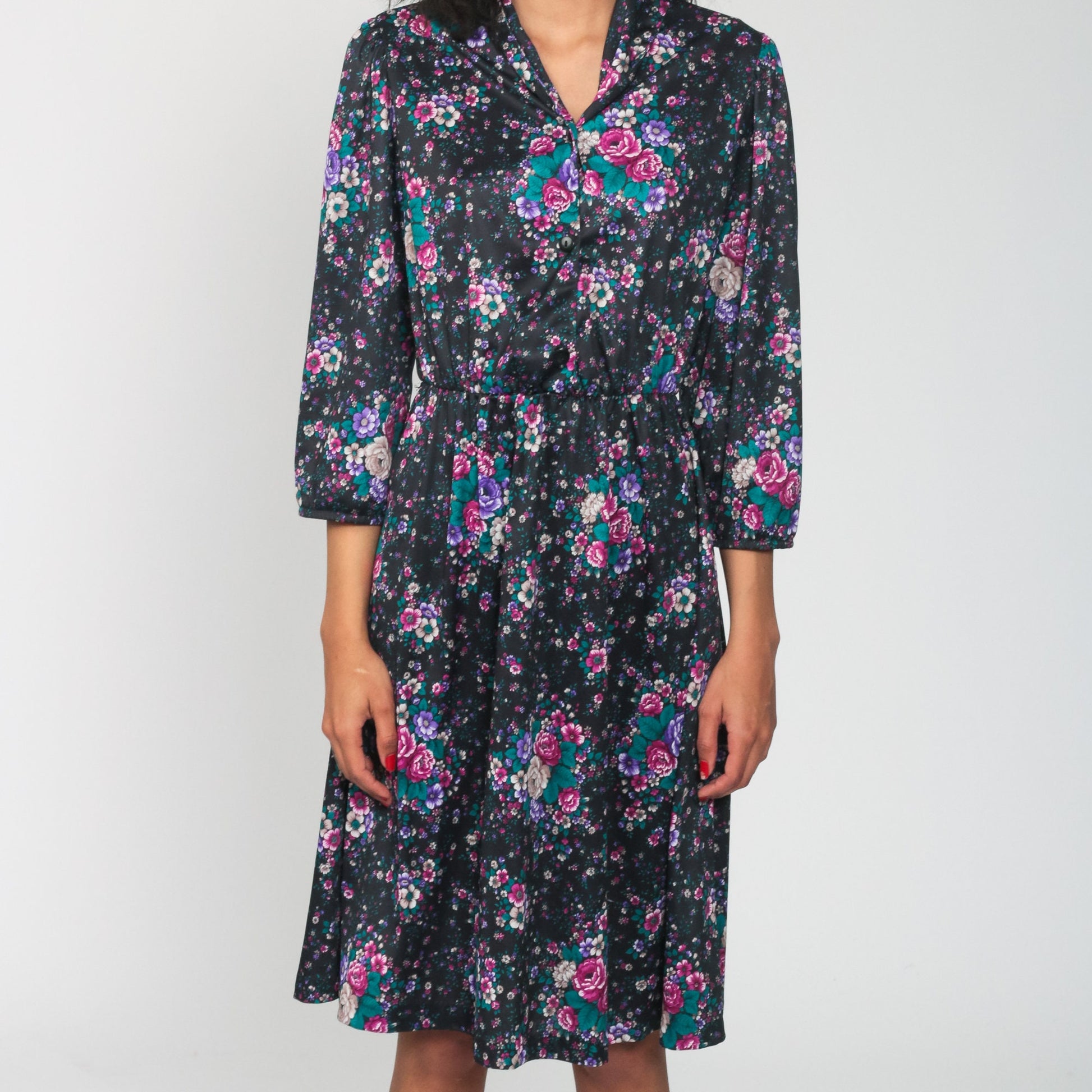 70s Floral Midi Dress High Waist Button Up Long Sleeve Black Purple Medium