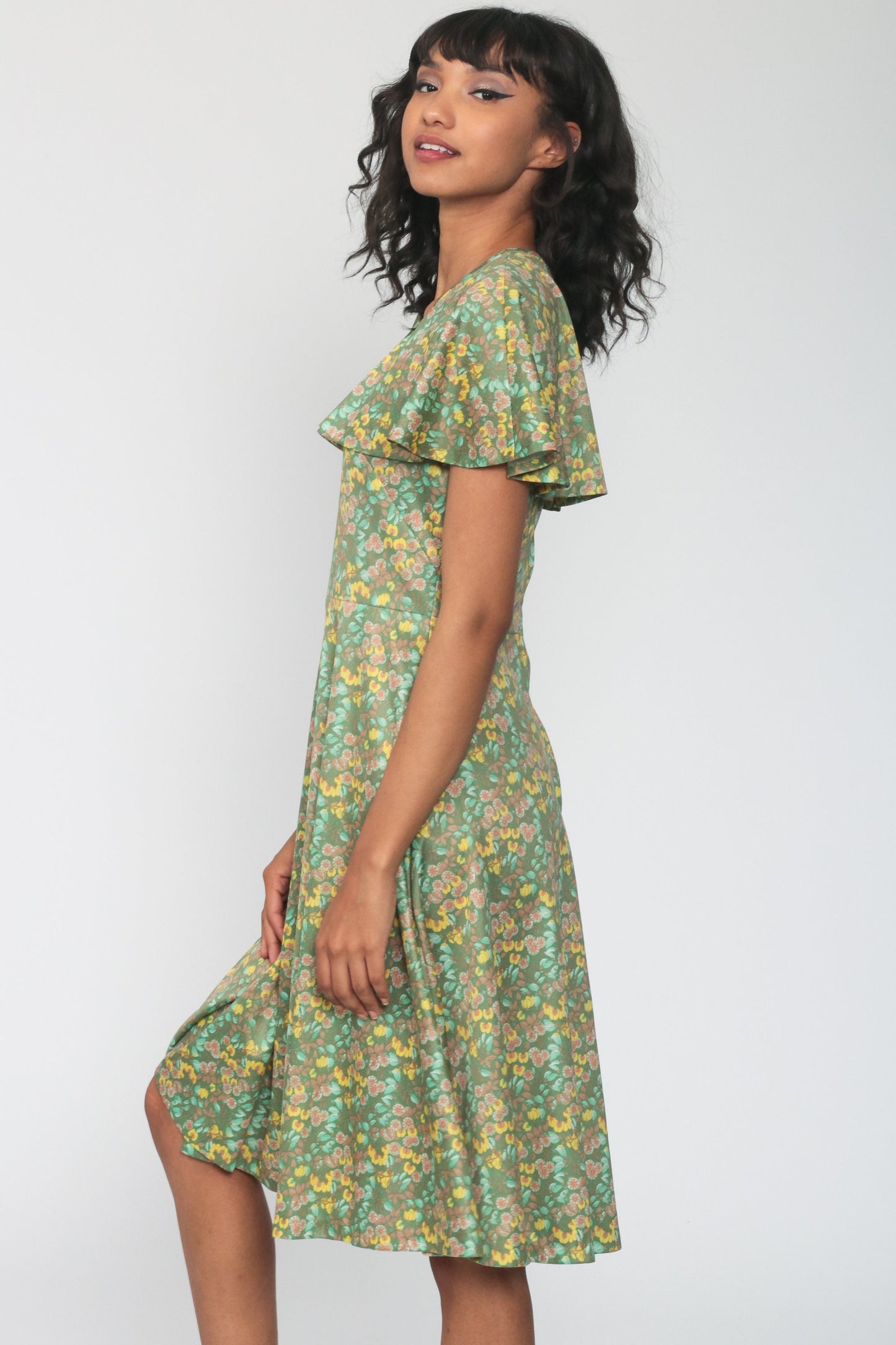 70s Green Floral Midi Dress Capelet High Waist Sleeveless Small